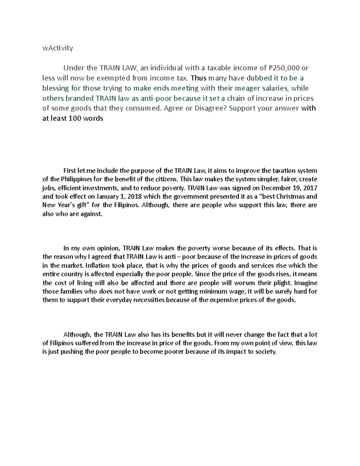 Taxation Module 14 Activity WActivity Under The TRAIN LAW An