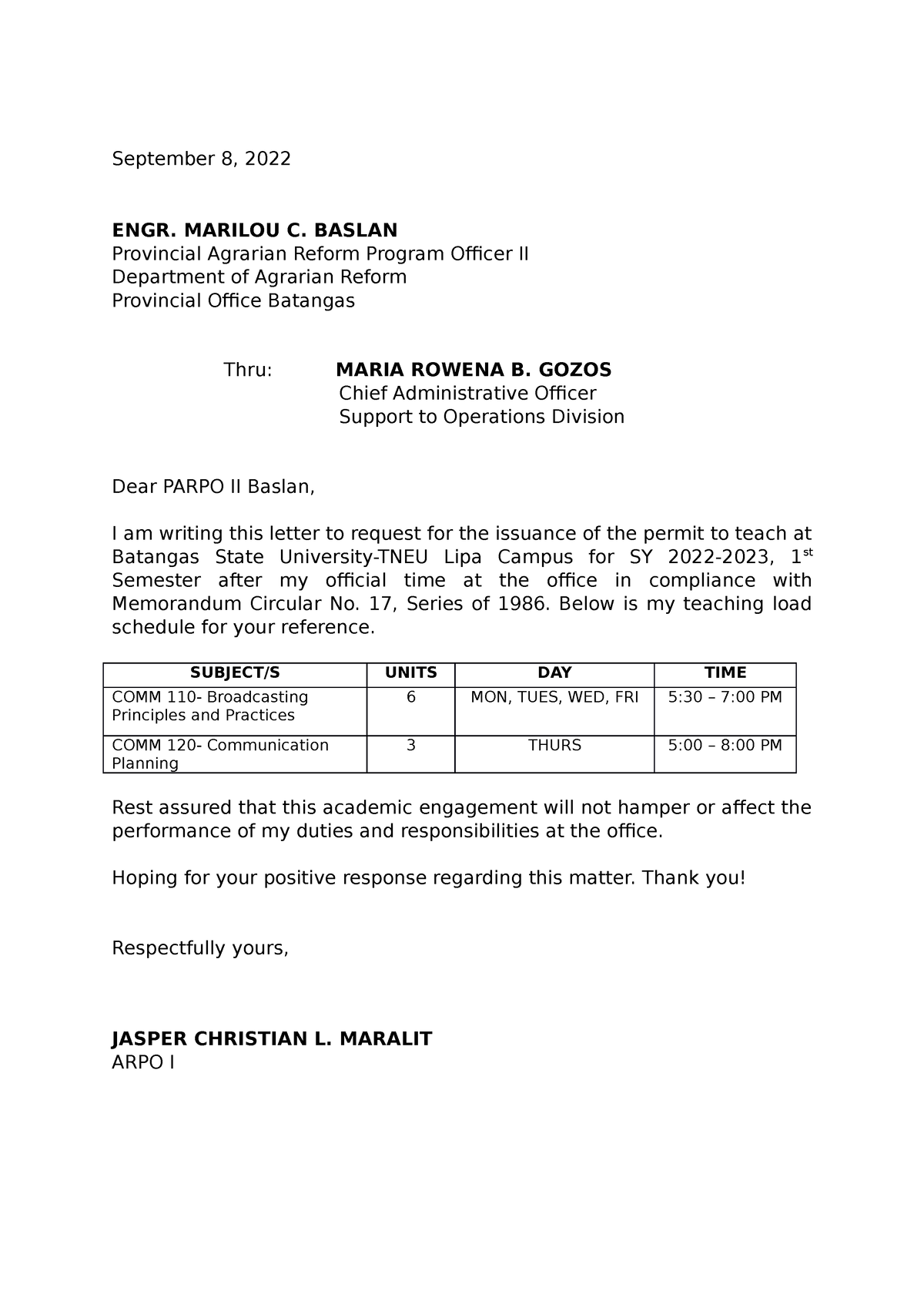 Letter FOR Permit TO Teach - September 8, 2022 ENGR. MARILOU C. BASLAN