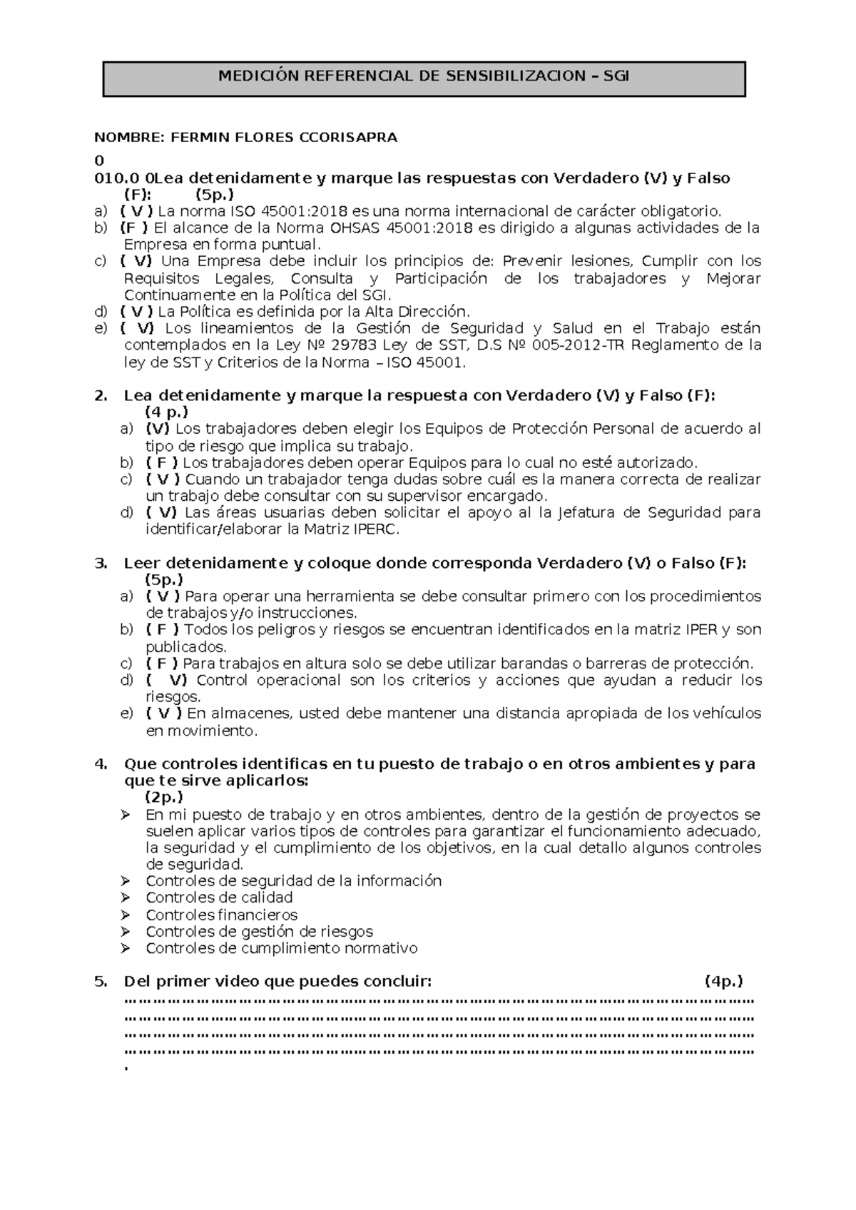 0. Evaluacion SGI SIN - seguridad - NOMBRE: FERMIN FLORES CCORISAPRA 0 ...