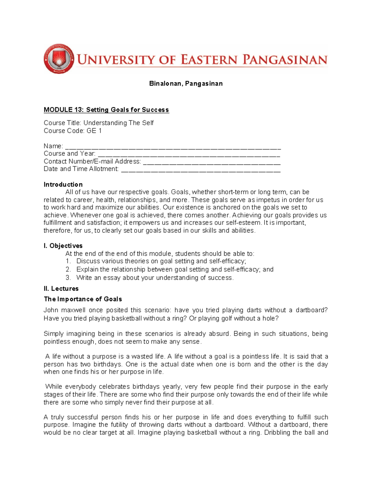 Module 13 Setting Goals FOR Success - Binalonan, Pangasinan MODULE 13 ...