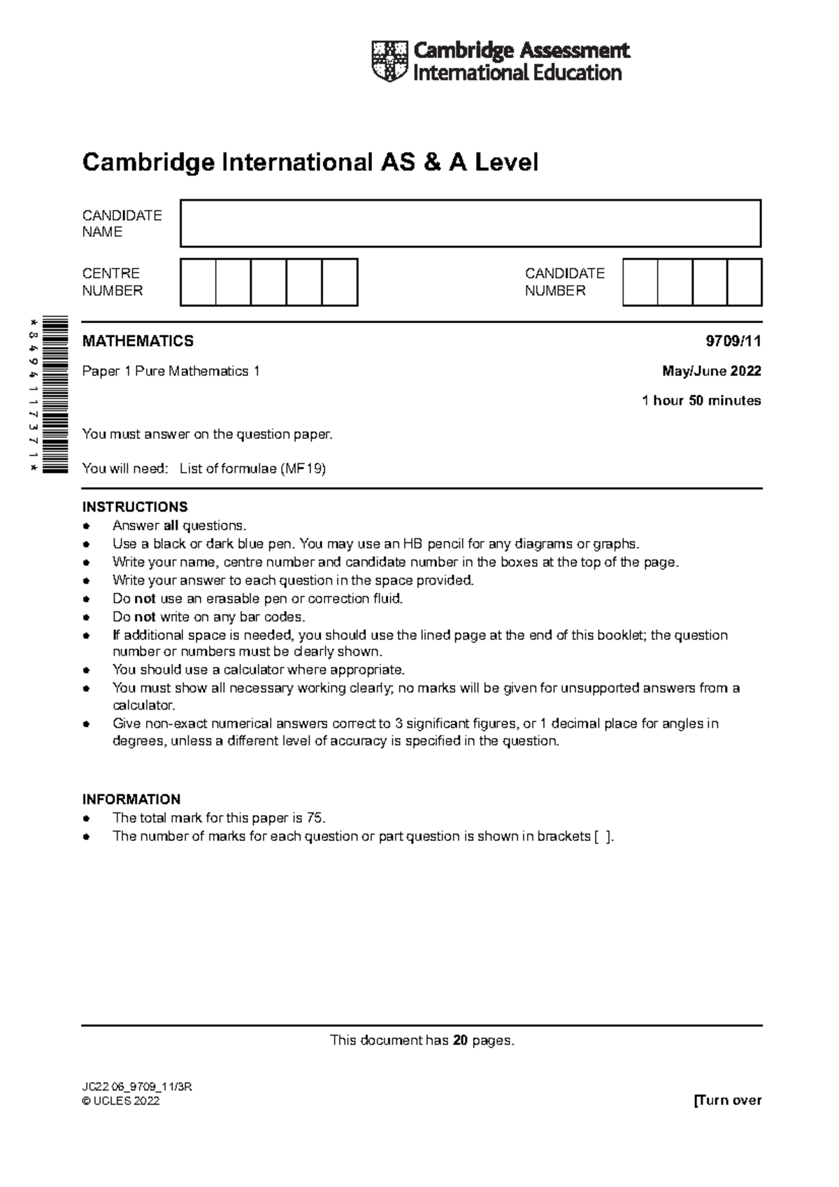 9709 S22 Qp 11 - QP For May June Paper 11 - 8494117371 Cambridge ...