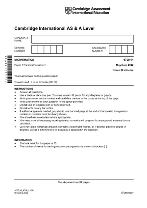 9709 S22 Ms 11 - MS For May June Paper 11 - This Document Consists Of ...