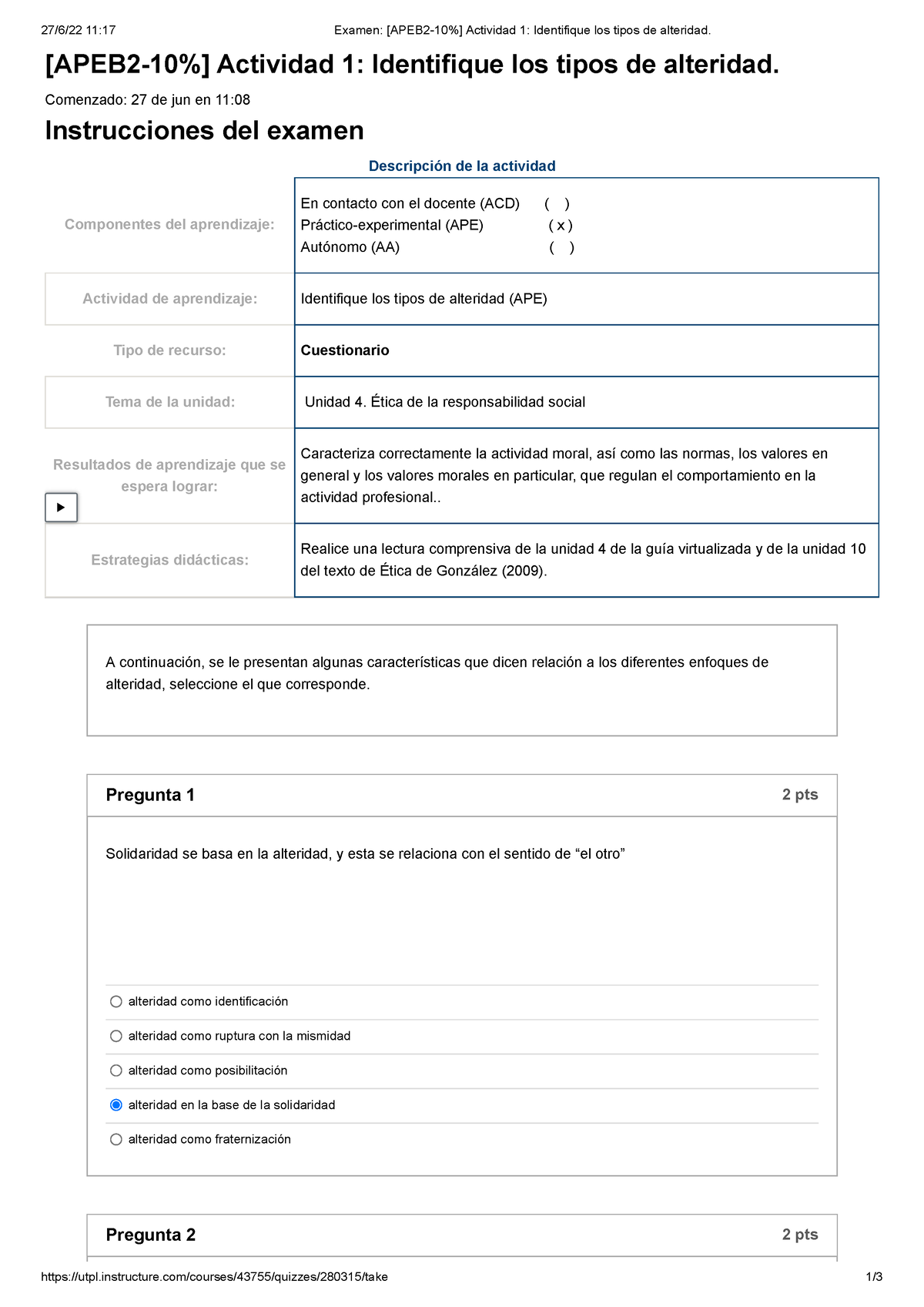 Examen [APEB 2-10%] Actividad 1 Identifique Los Tipos De Alteridad ...