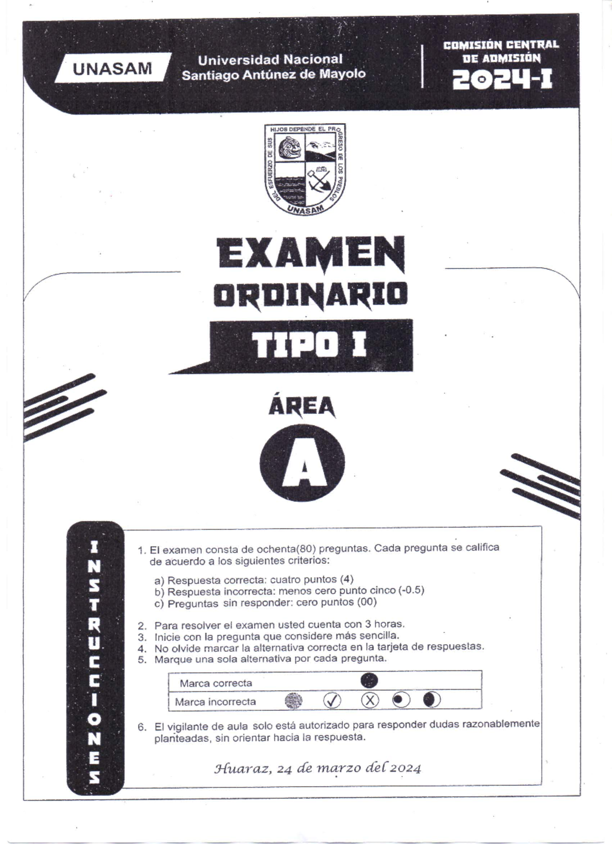 Examen Ordinario Unasam 2024-I [Área A] - Ingeniería Civil - Studocu