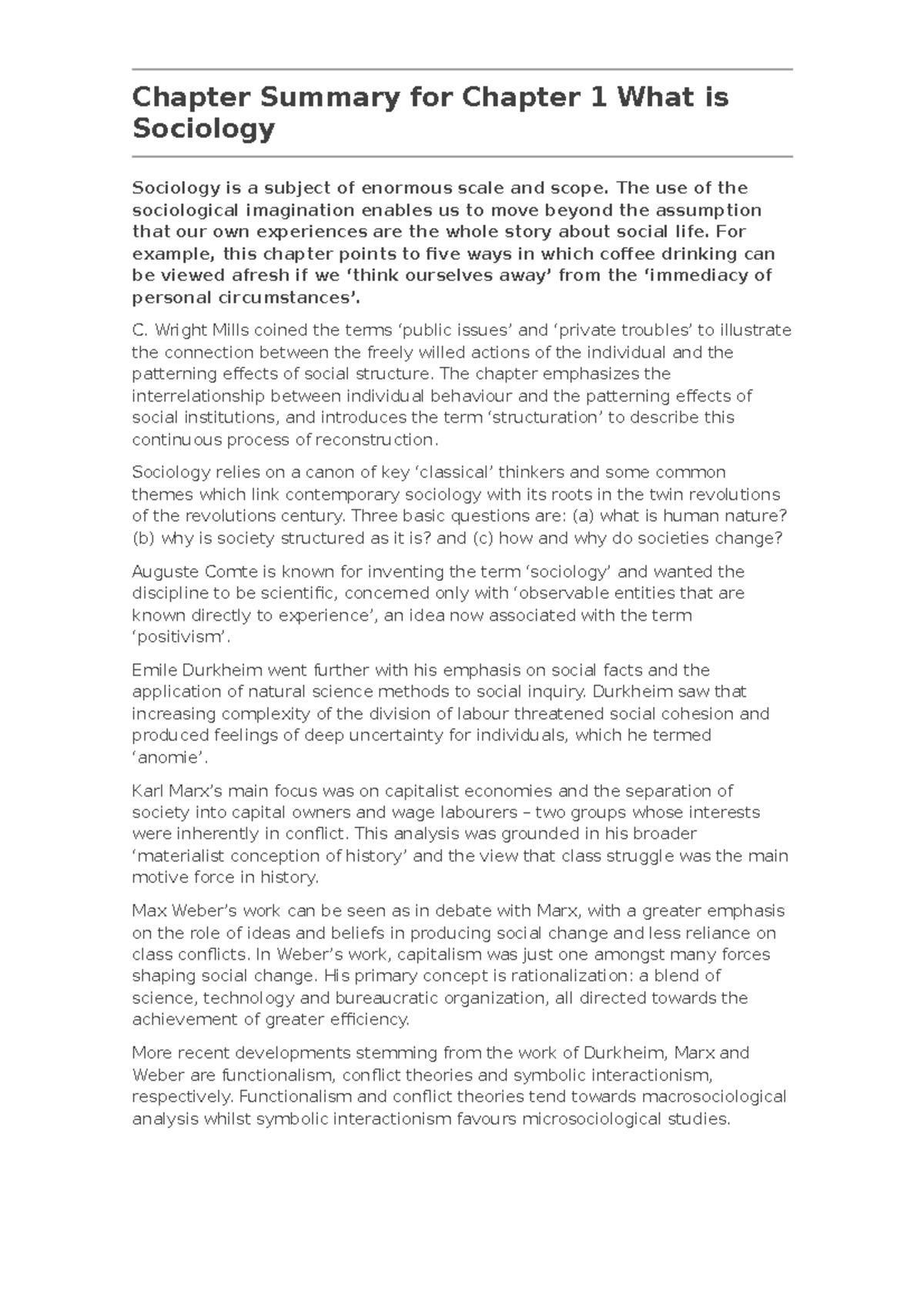 1 Chapter 1 What Is Sociology Chapter Summary For Chapter 1 What