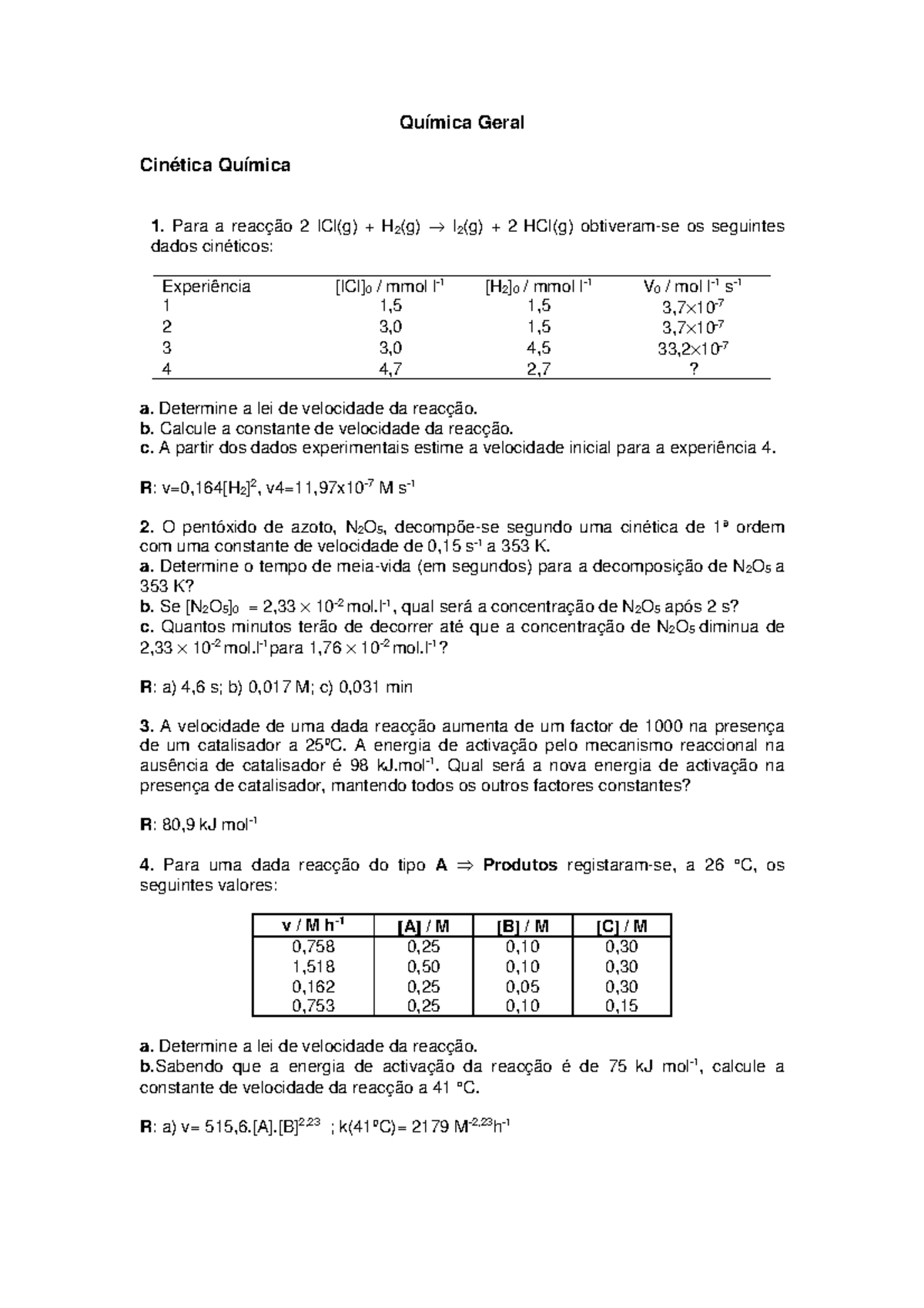 Exercicio De Cinetica Quimica - NAZAEDU