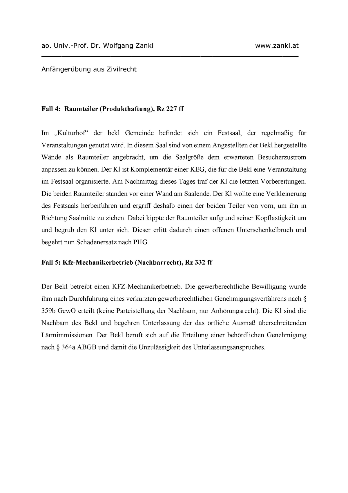 Fall 4 & 5 - Zivilrecht Zankl - Ao. Univ.-Prof. Dr. Wolfgang Zankl ...