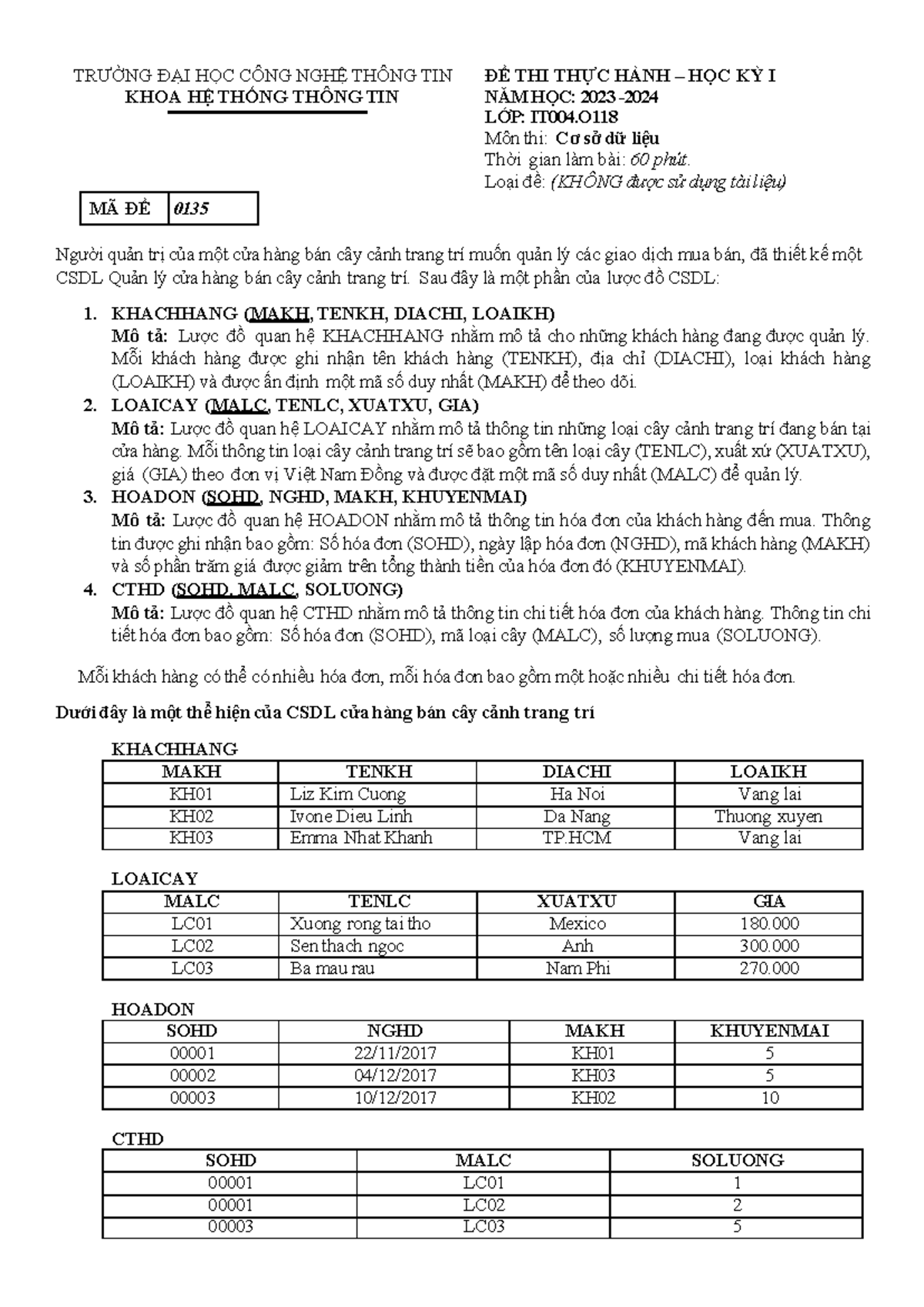 TH-CSDL Ca 1 - bài tập - TRƯỜNG ĐẠI HỌC CÔNG NGHỆ THÔNG TIN KHOA HỆ ...