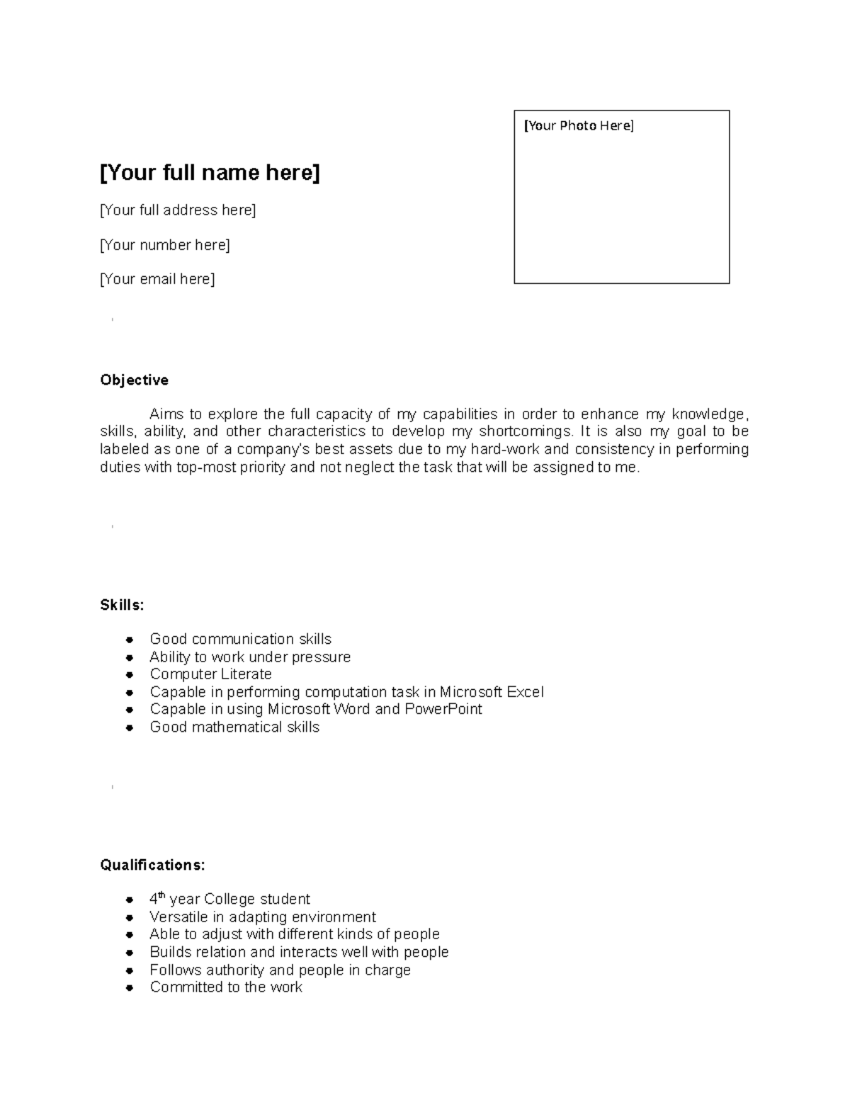 Resume Format and Examples - [Your full name here] [Your full address ...