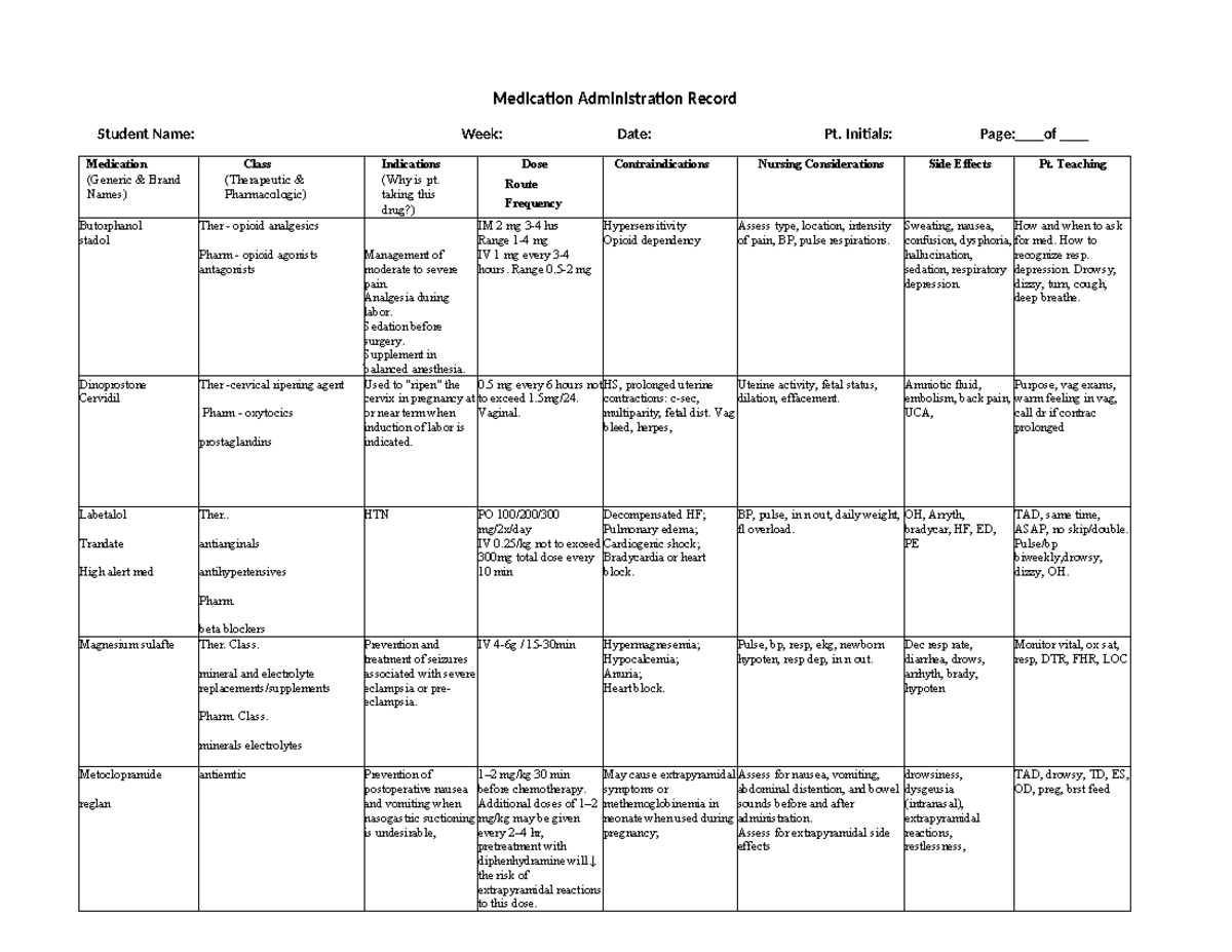 Medication Record - Student Name: Week: Date: Pt. Initials: Page: of ...