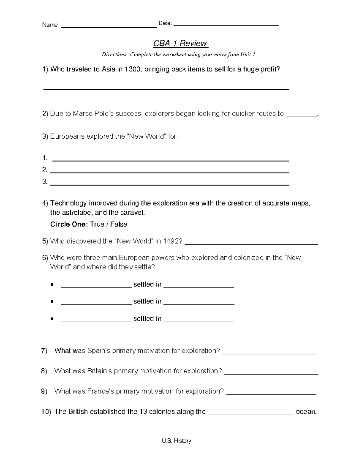 CBA 1 - Review - U. History Name: Date: CBA 1 Review Directions ...