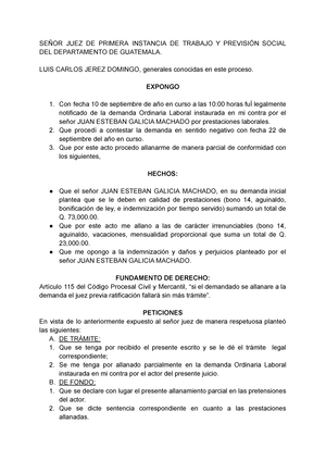 Allanamiento parcial laboral - SEÑOR JUEZ DE PRIMERA INSTANCIA DE TRABAJO Y  PREVISIÓN SOCIAL DEL - Studocu