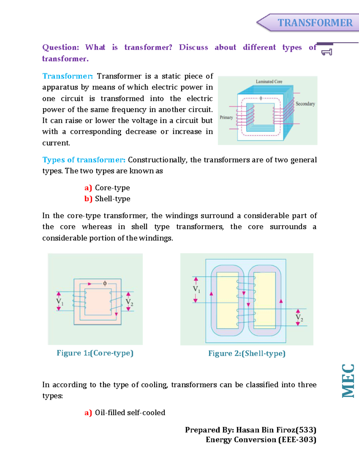 Transformer - Lecture notes 16-30 - Prepared By: Hasan Bin Firoz(533 ...
