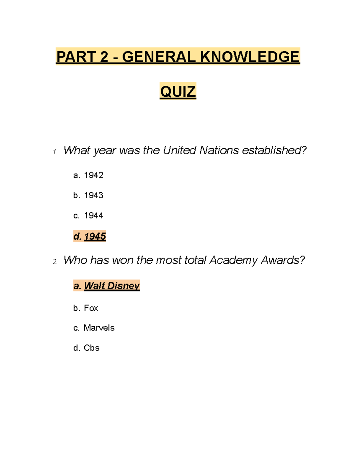 PART 2 - General Knowledge QUIZ - PART 2 - GENERAL KNOWLEDGE QUIZ 1 ...