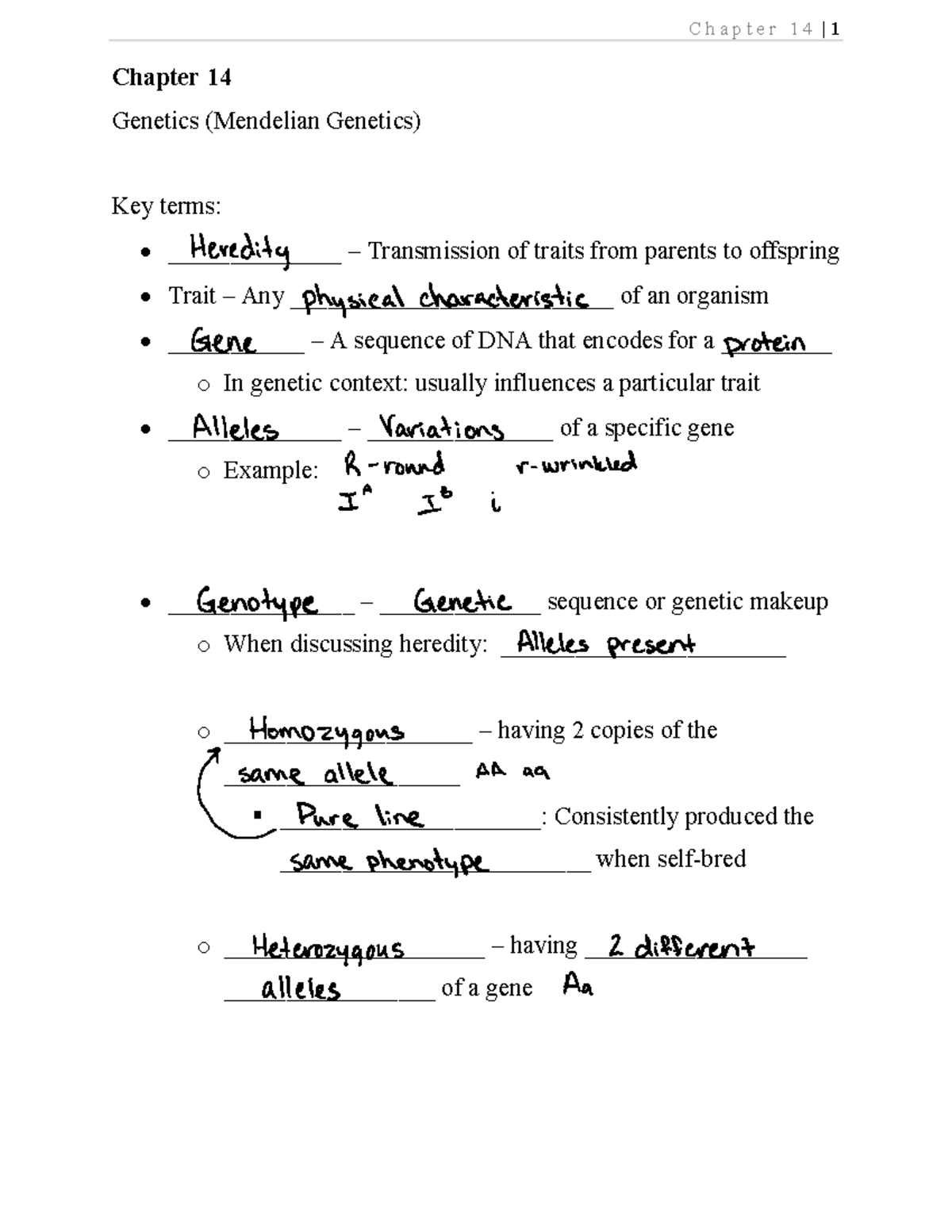 Chapter 14 Notes - Chapter 14 Genetics (Mendelian Genetics) Key Terms