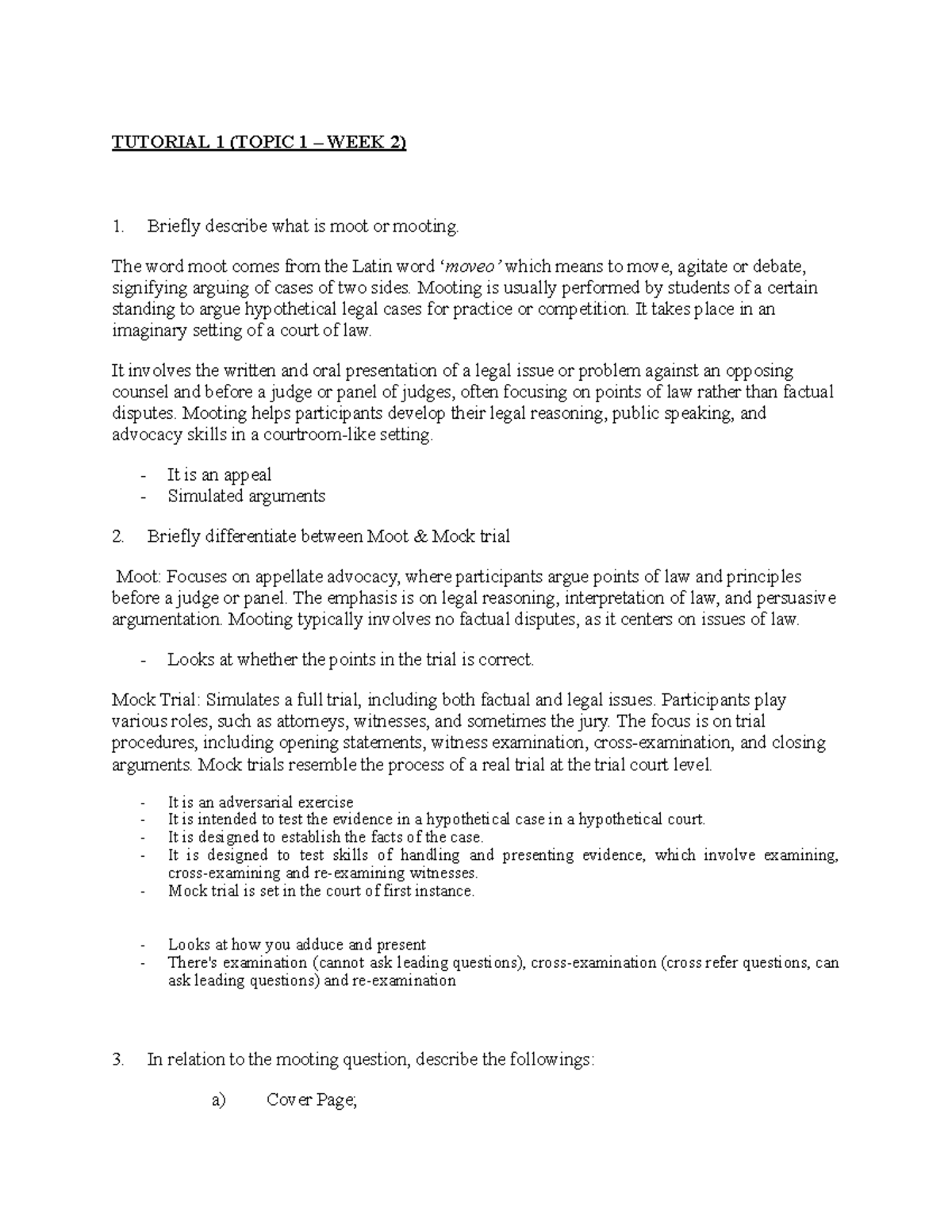 Moot TUTO 1 - Moot TUTO 1 - TUTORIAL 1 (TOPIC 1 – WEEK 2) 1. Briefly ...