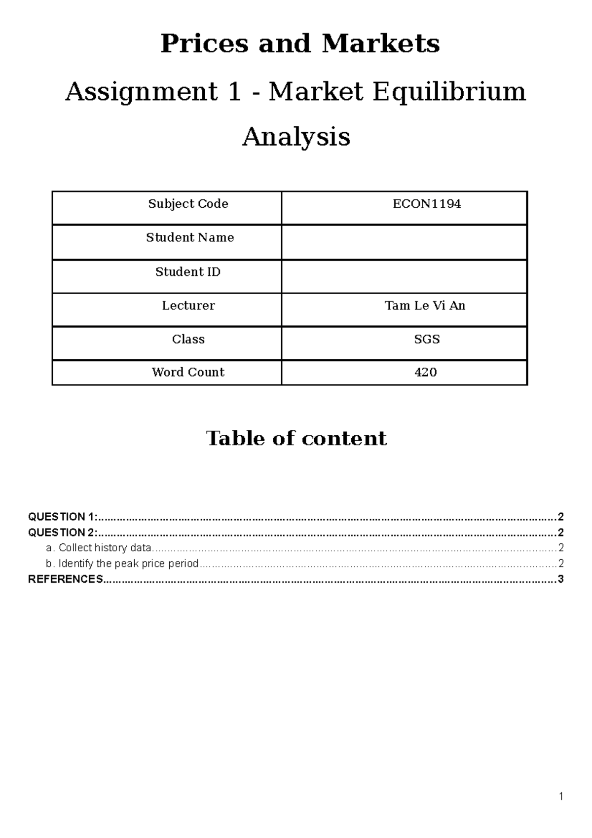 Assignment 1 ECON1194 - Prices and Markets Assignment 1 - Market ...