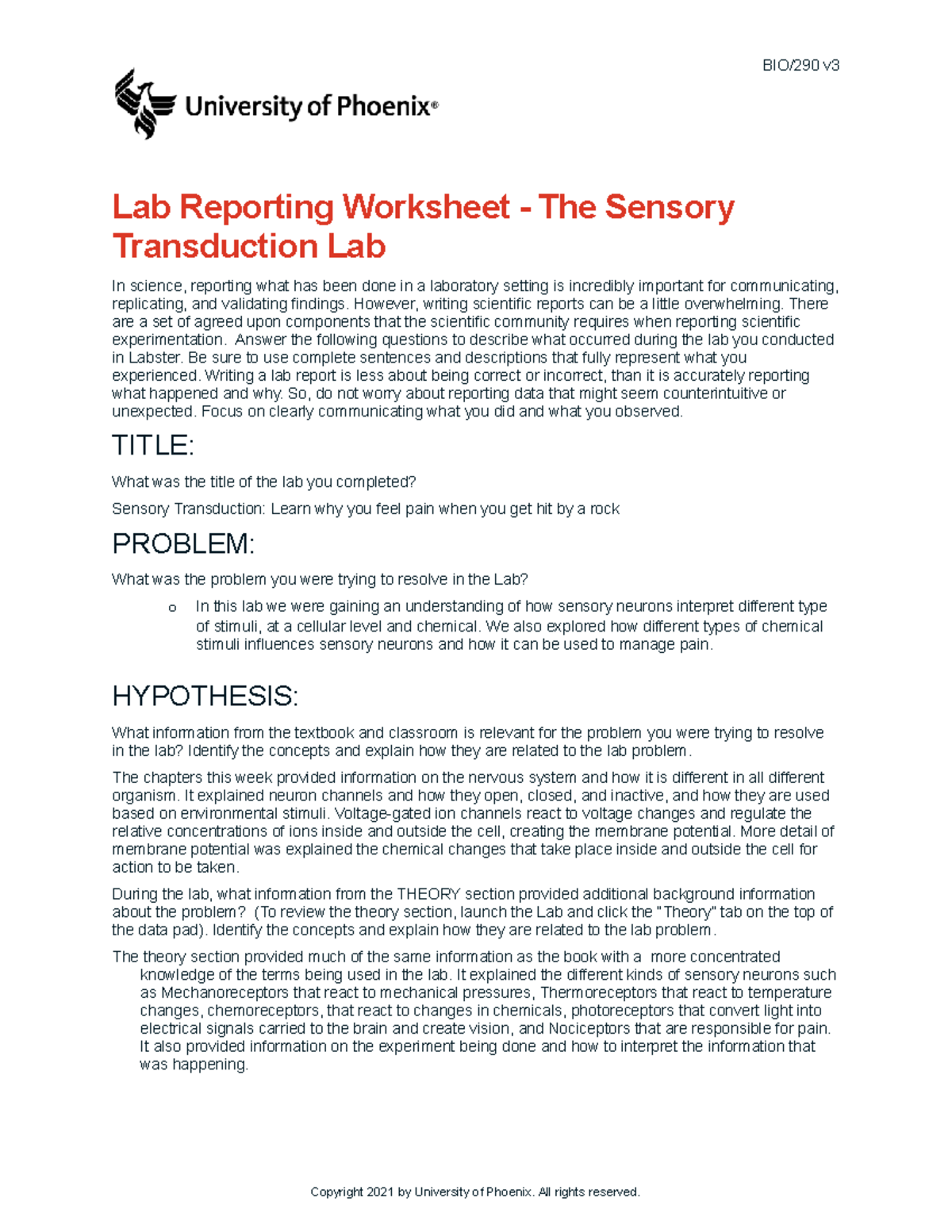 Bio290 v3 wk6 the sensory transduction lab BIO/290 v Lab Reporting