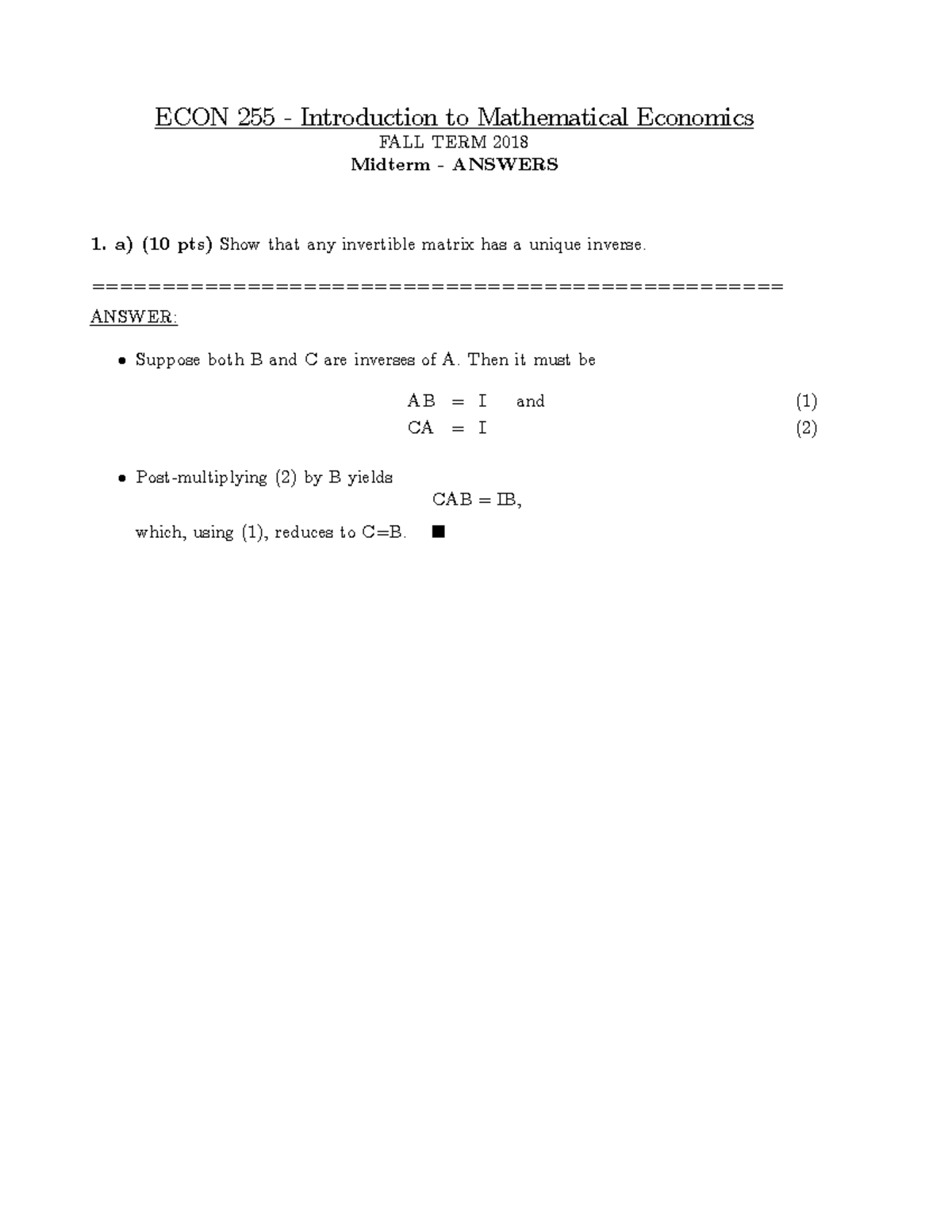 Midterm 2018, questions and answers - ECON 255 - Introduction to ...