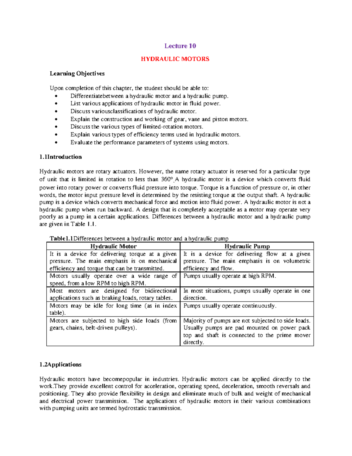 2.4 Hydraulic Motors Notes Lecture 10 HYDRAULIC MOTORS Learning