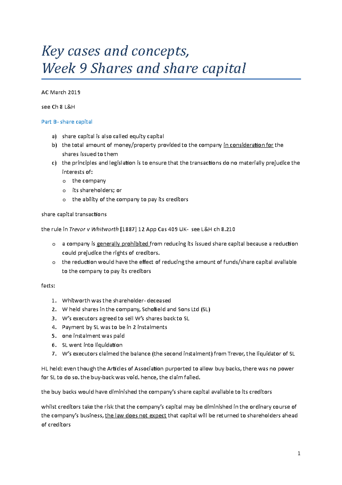 B Key cases and concepts Key cases and concepts, Week 9 Shares and