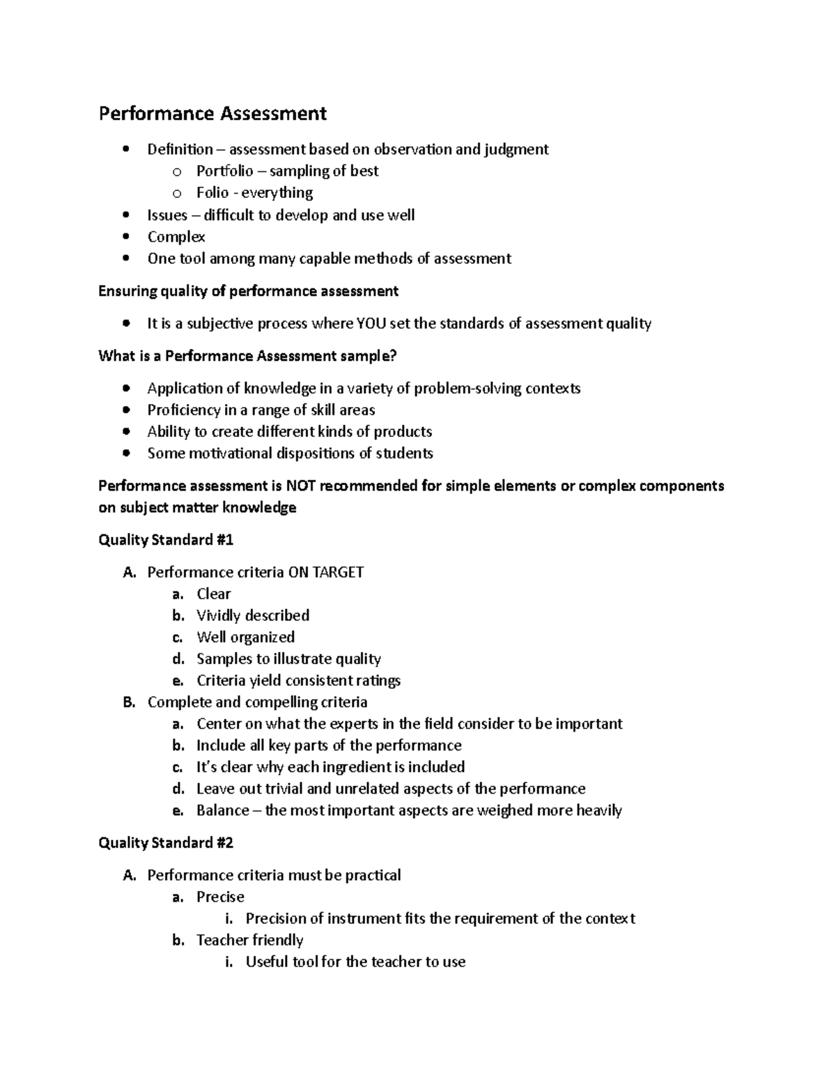 Performance Assessment Notes Performance Assessment Definition Assessment Based On