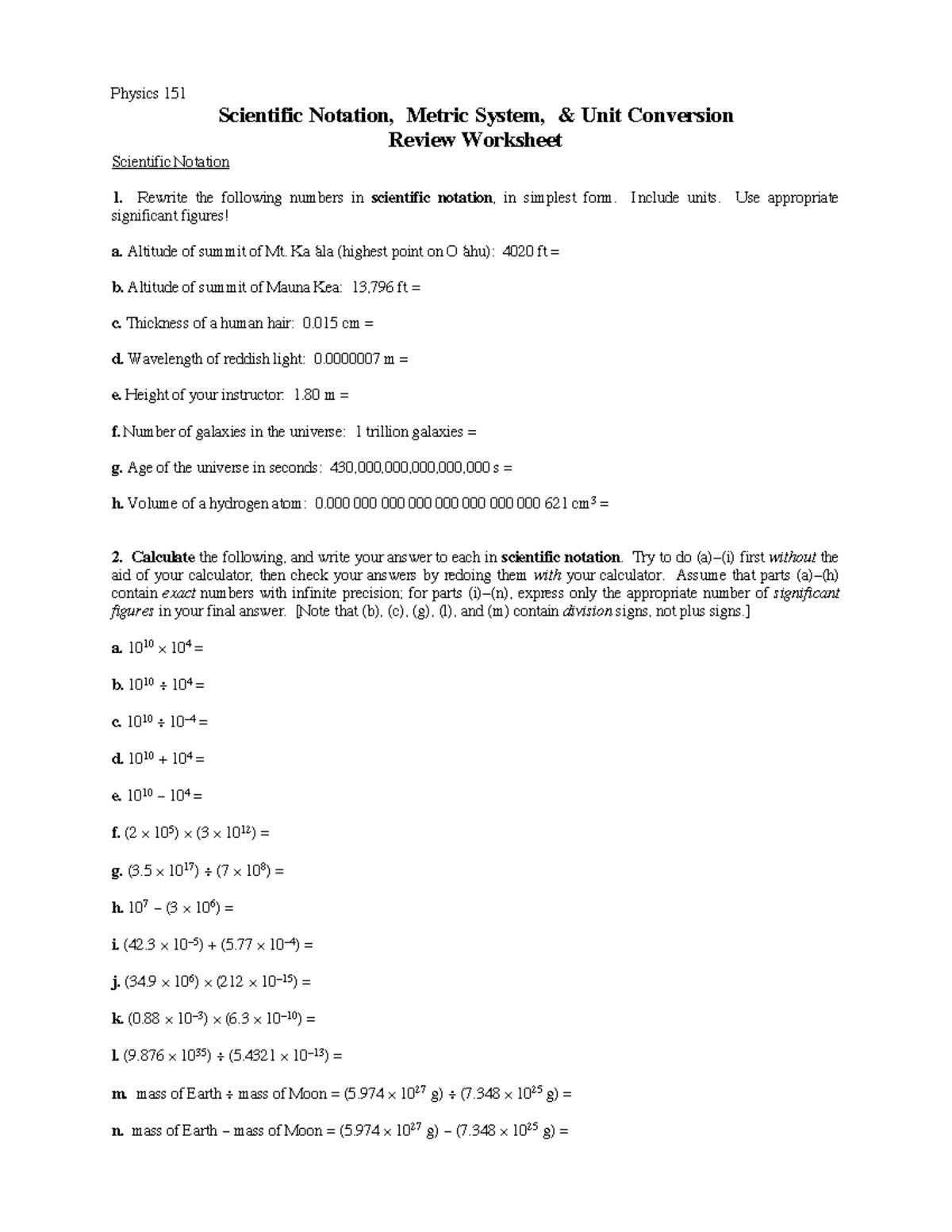 Inbound 7844283967750270118 - Physics 151 Scientific Notation, Metric System,  & Unit Conversion - Studocu
