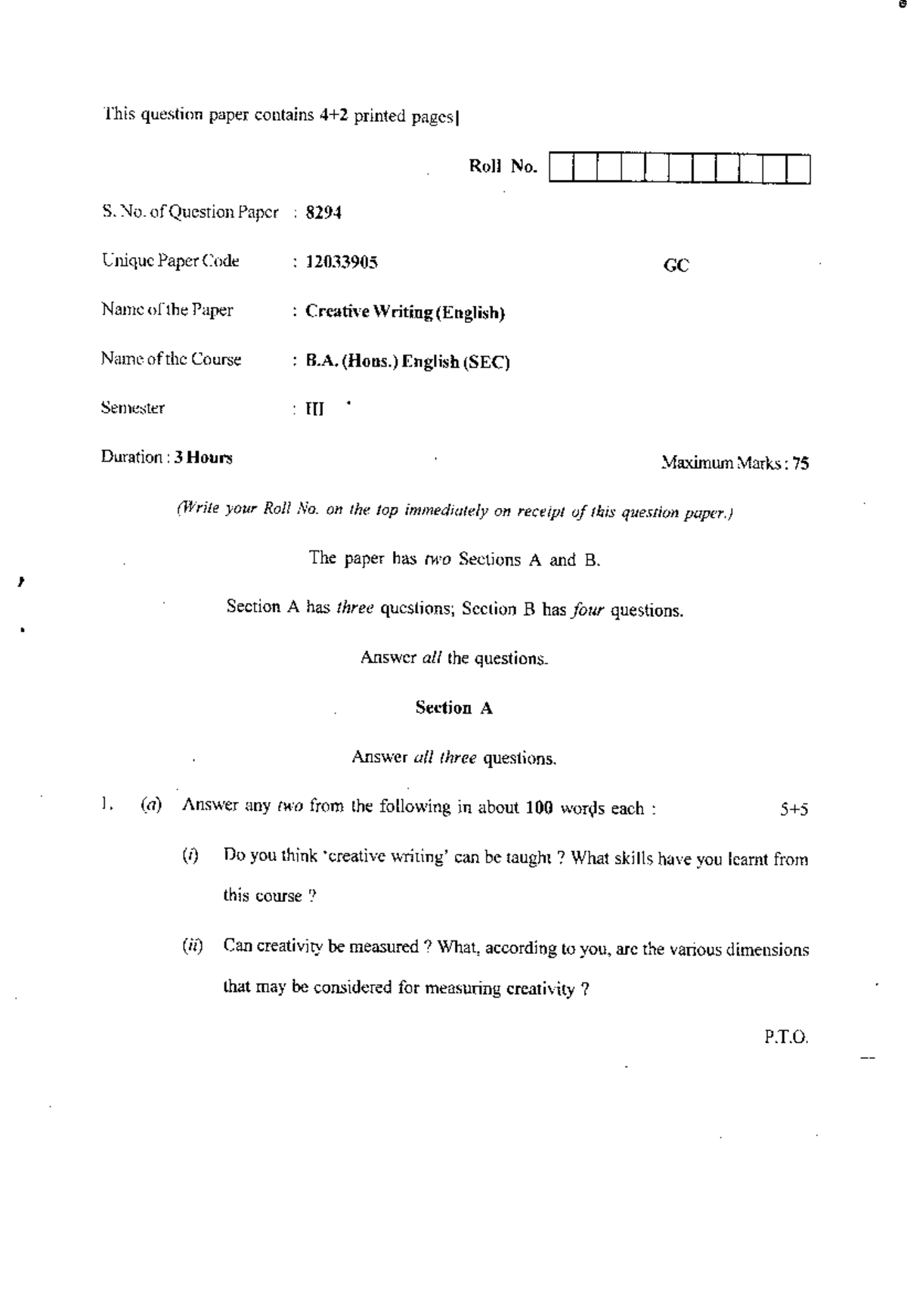 B.A. (HONS) III Creative Writing ( English) SEC 8294 - English ...