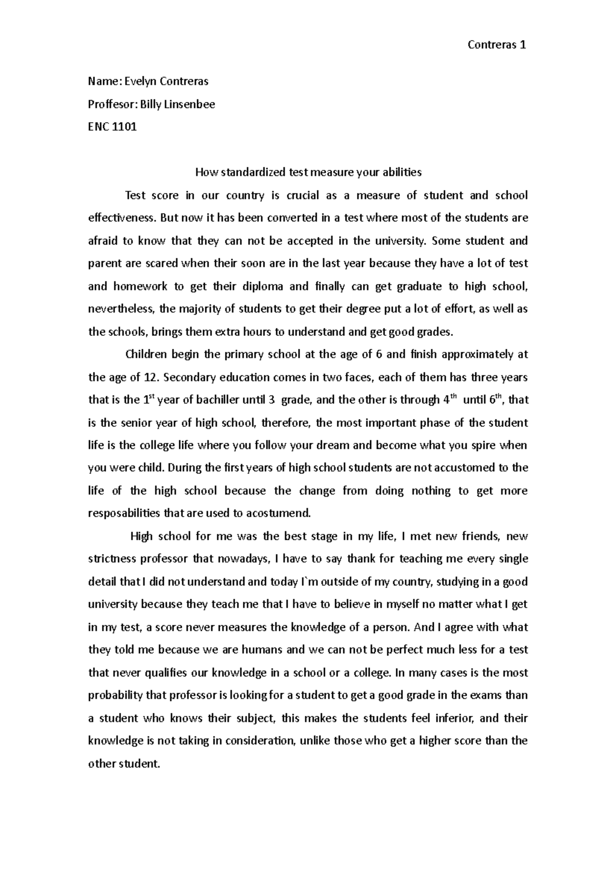 Enc 1101 essay - Grade: A+ - Contreras 1 Name: Evelyn Contreras ...