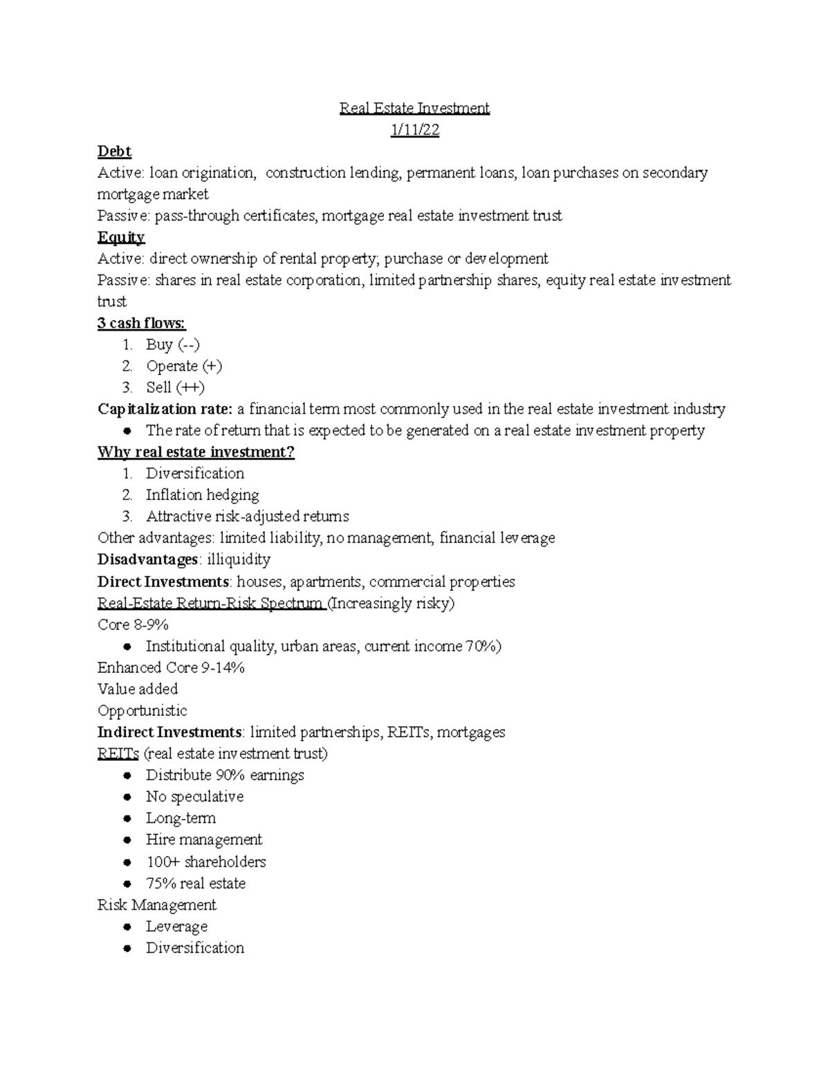 Real Estate Chapter 1 Notes Real Estate Investment 1/11/ Debt Active
