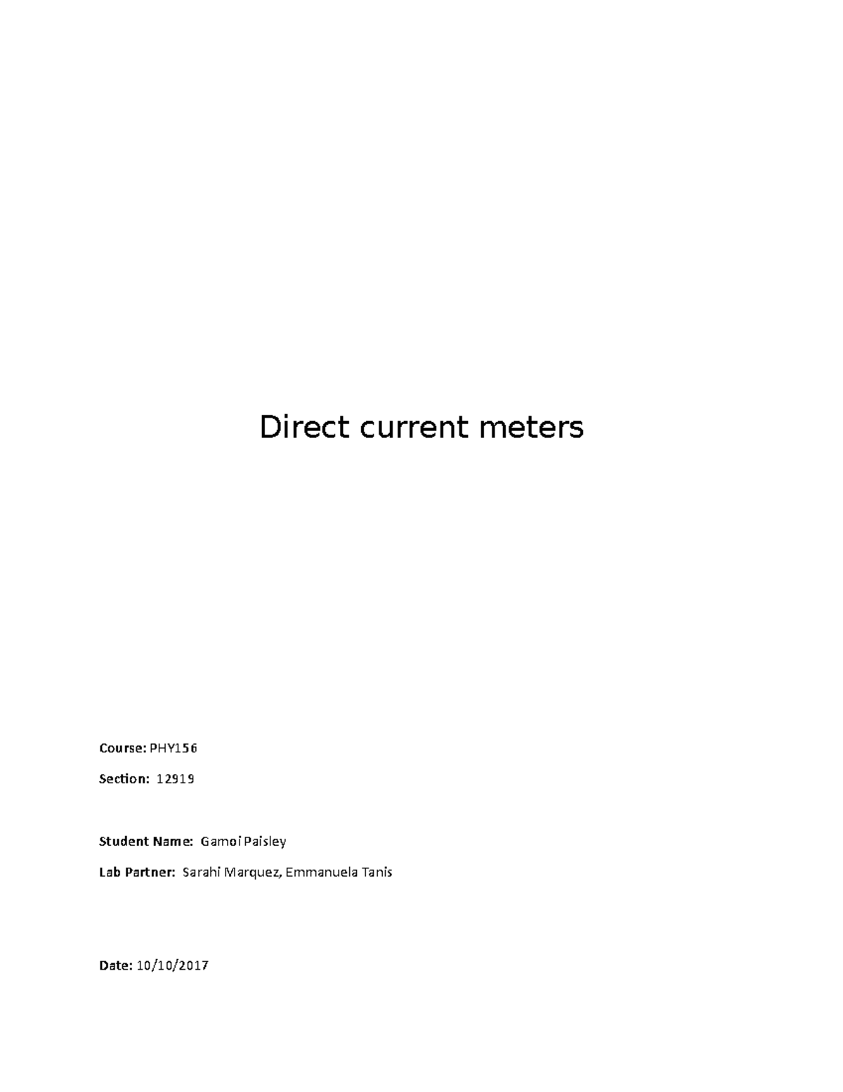 Lab 5 Direct Current Meters - Direct current meters Course: PHY156 ...