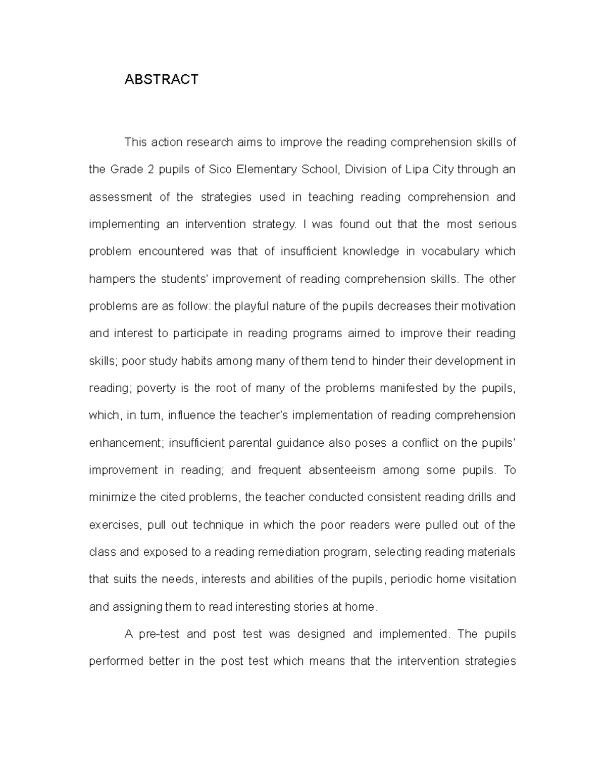 Abstract ABSTRACT This action research aims to improve the reading