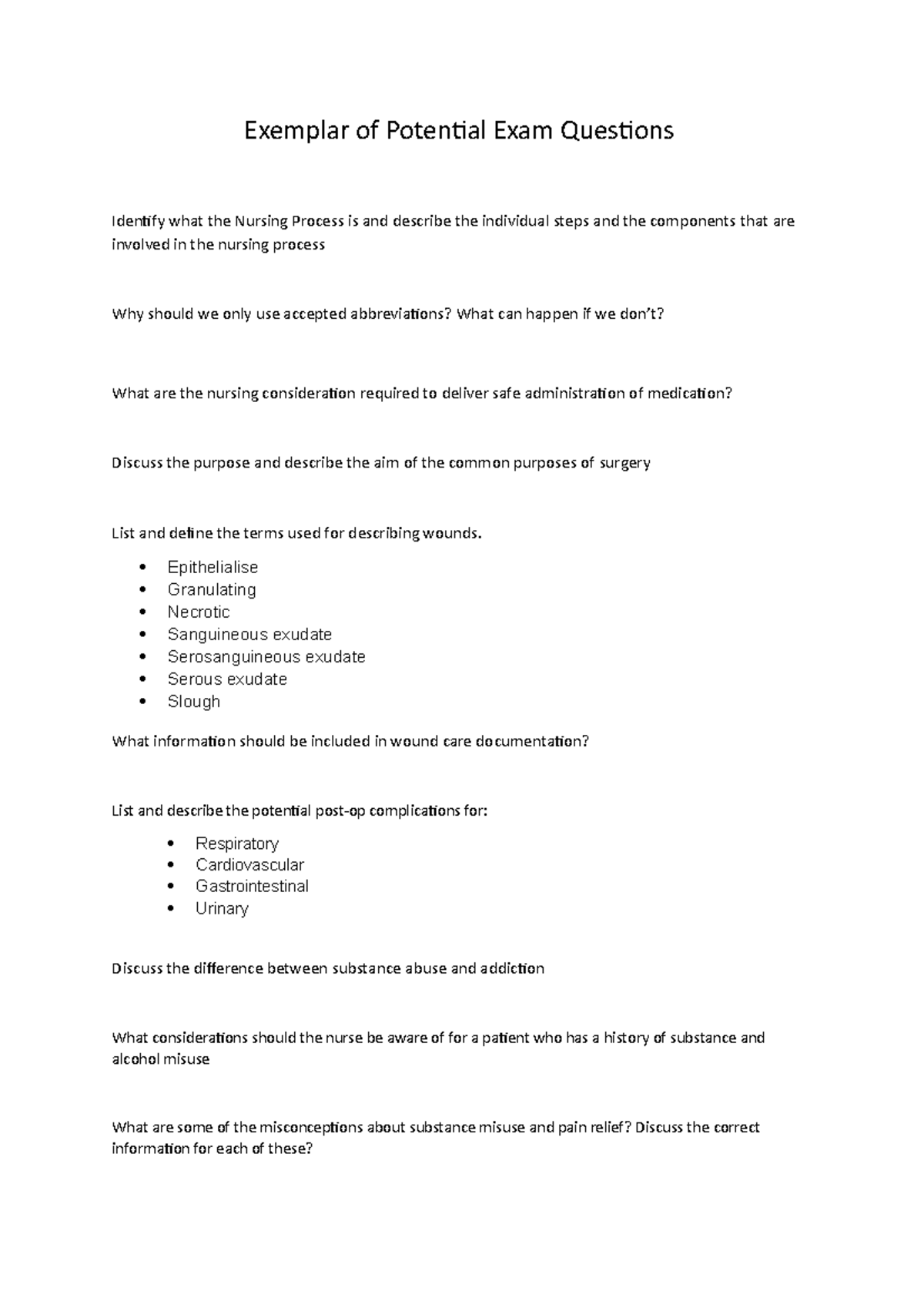 Exemplar of Potential Exam Questions - Exemplar of Potential Exam ...