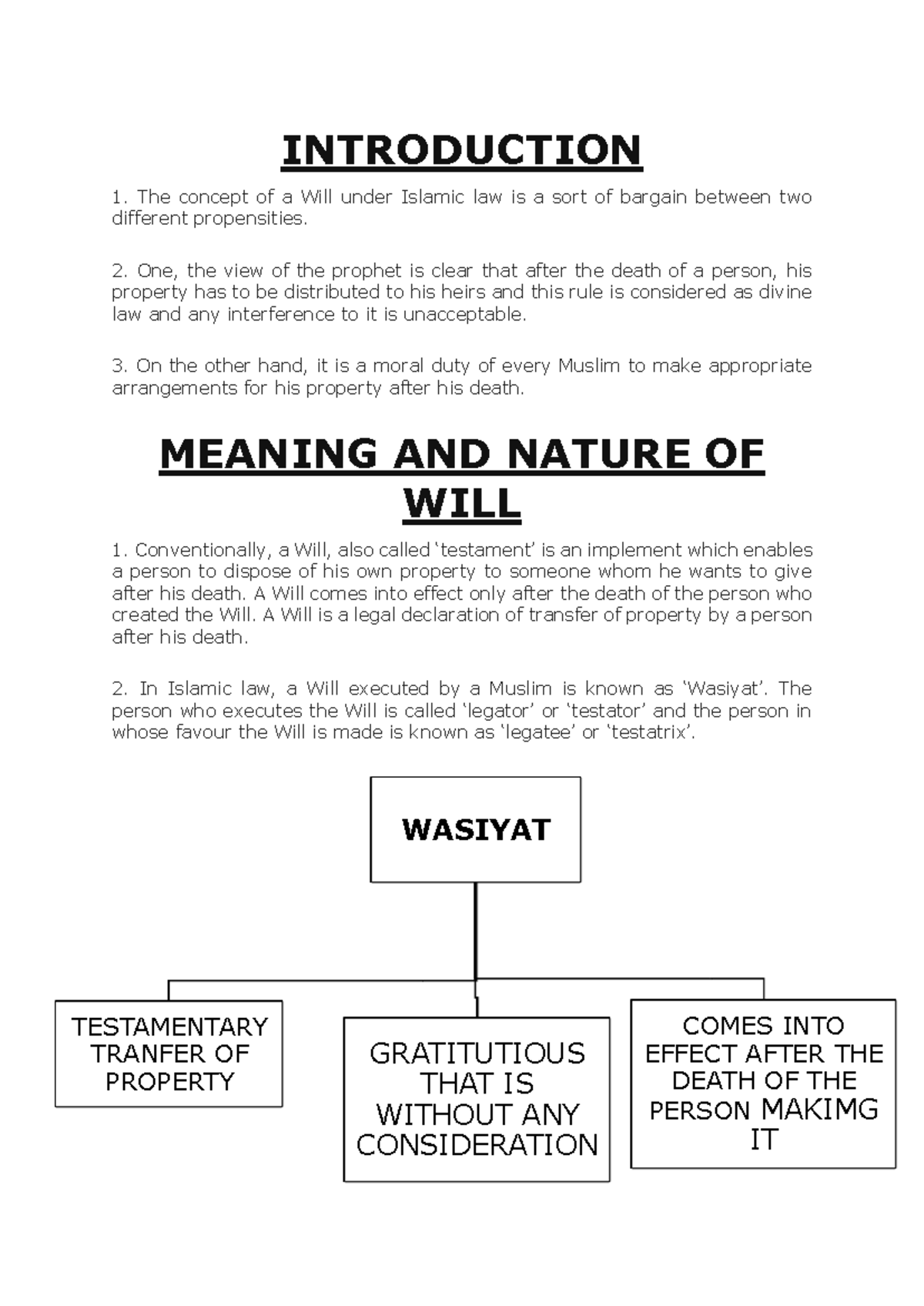 Wasiyat - notes - INTRODUCTION The concept of a Will under Islamic law ...
