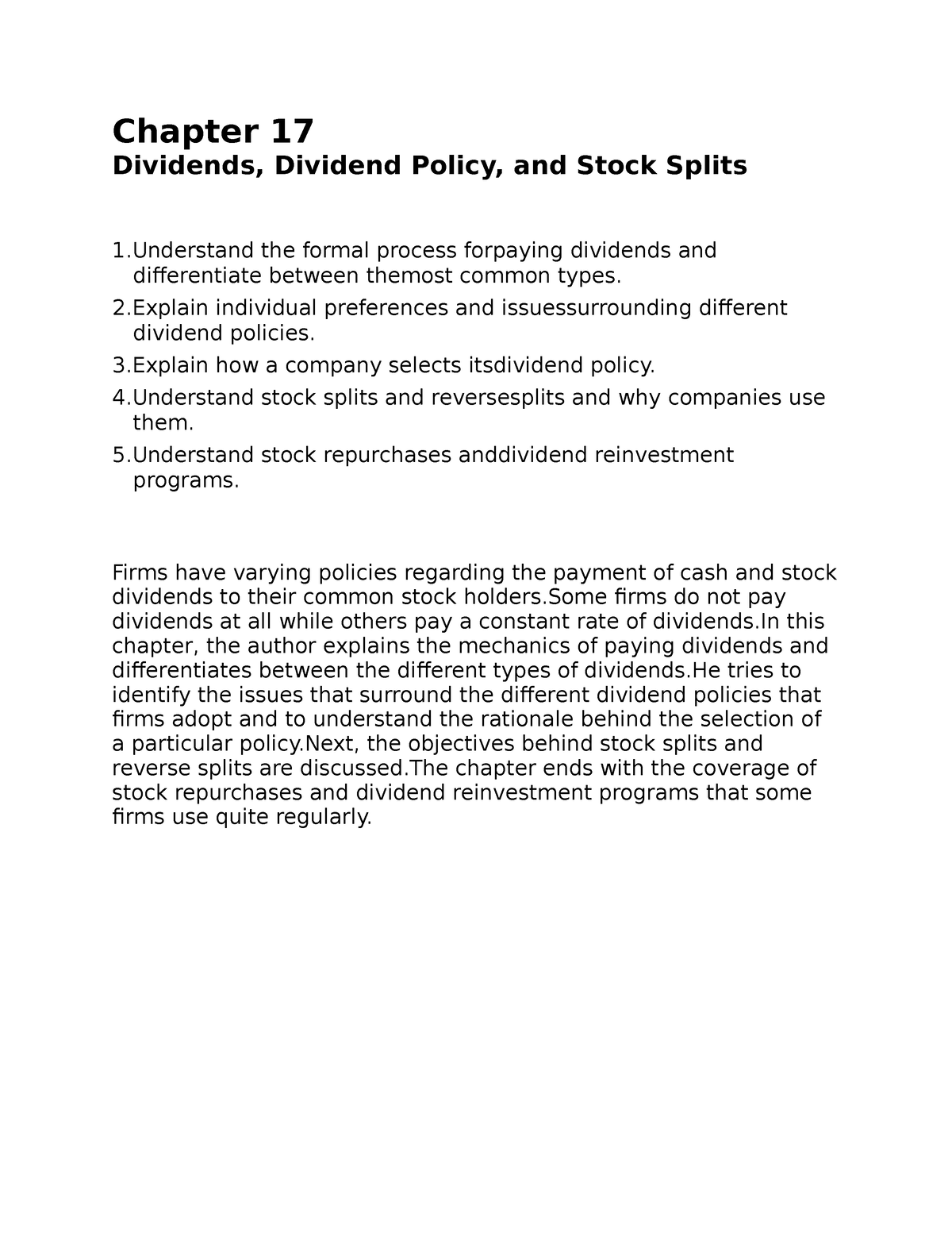 Chapter 17 Dividend, Policy and Stock Splits Chapter 17 Dividends