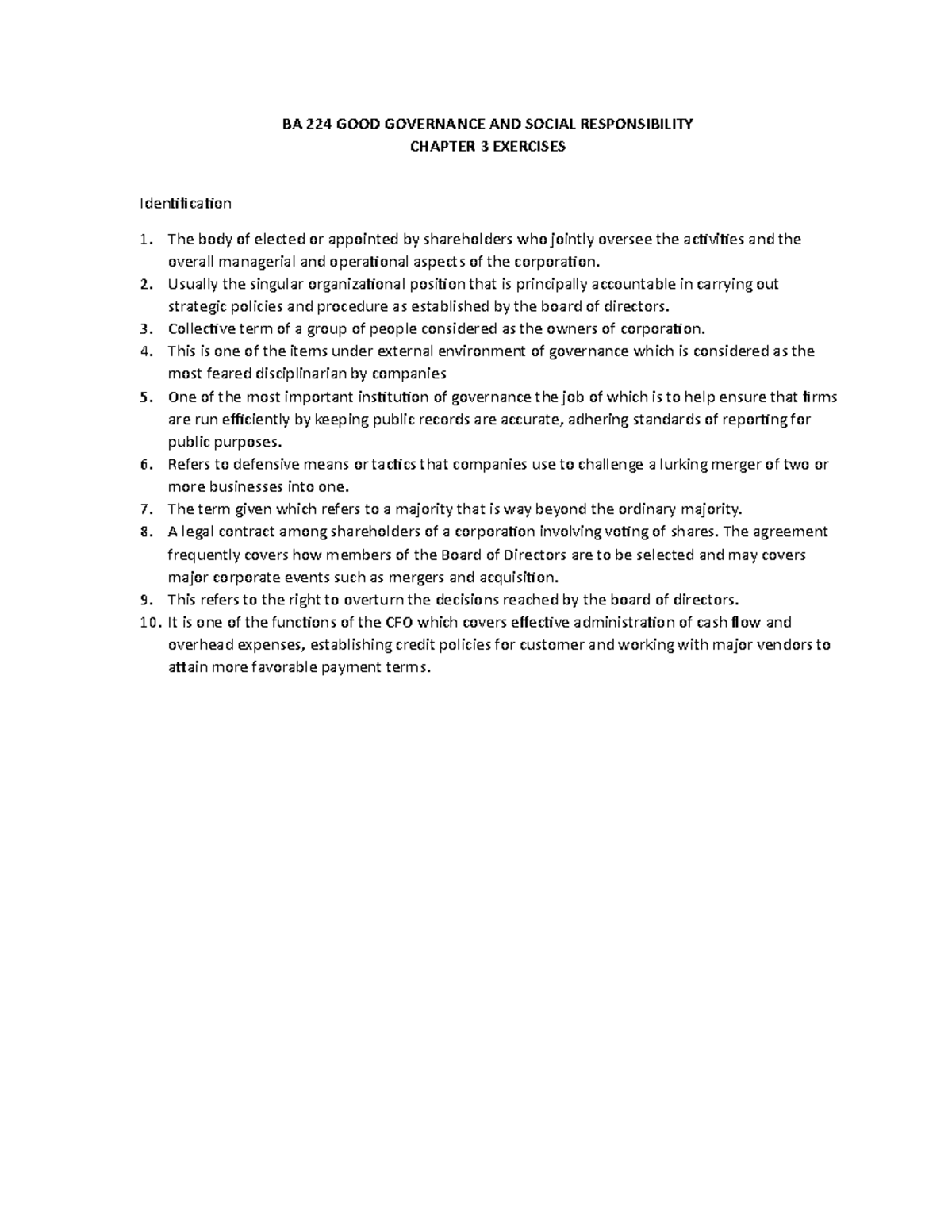 BA 224 Exercises Chapter 3 - BA 224 GOOD GOVERNANCE AND SOCIAL ...