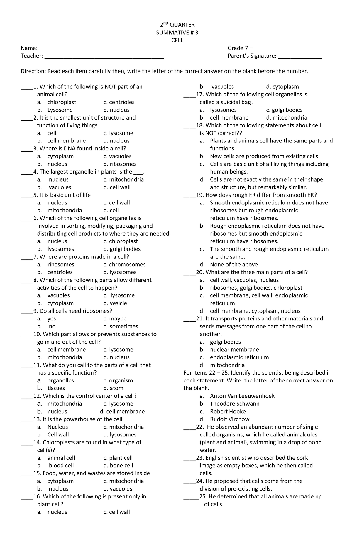 Scribd - texst questions - 2 ND QUARTER SUMMATIVE # 3 CELL Name: - Studocu