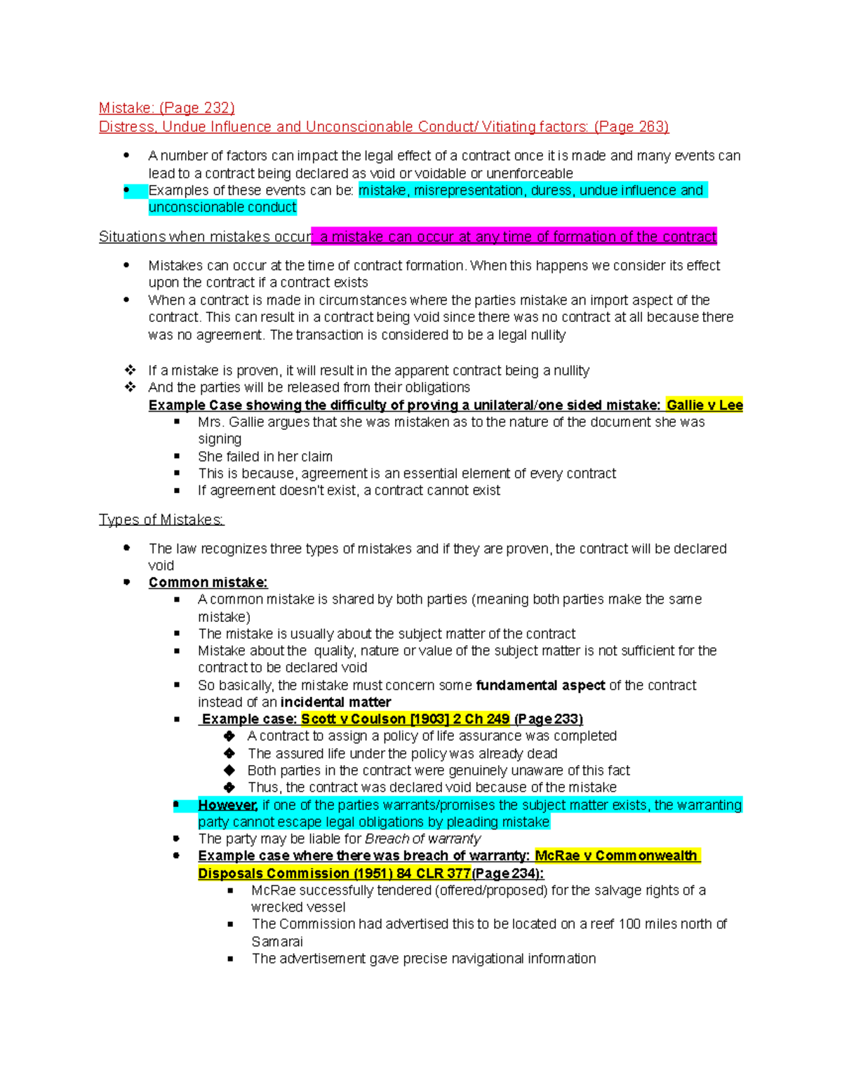 Mistake, duress and undue influence - Mistake: (Page 232) Distress ...
