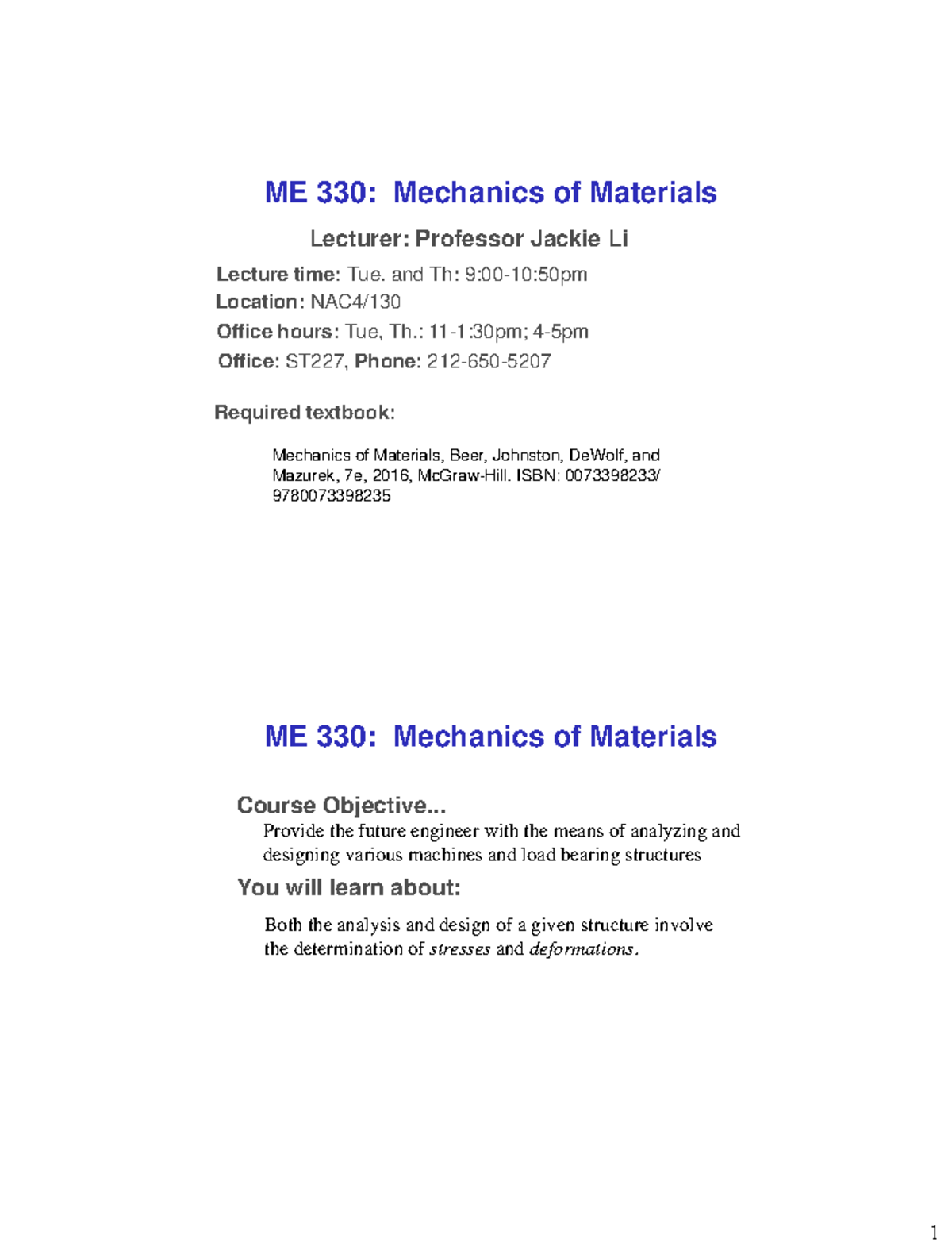 Chapter 01 Lecture notes ME 330 Mechanics of Materials Lecturer