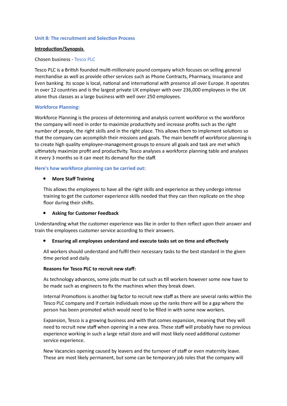 unit 8 recruitment and selection process assignment 1 tesco