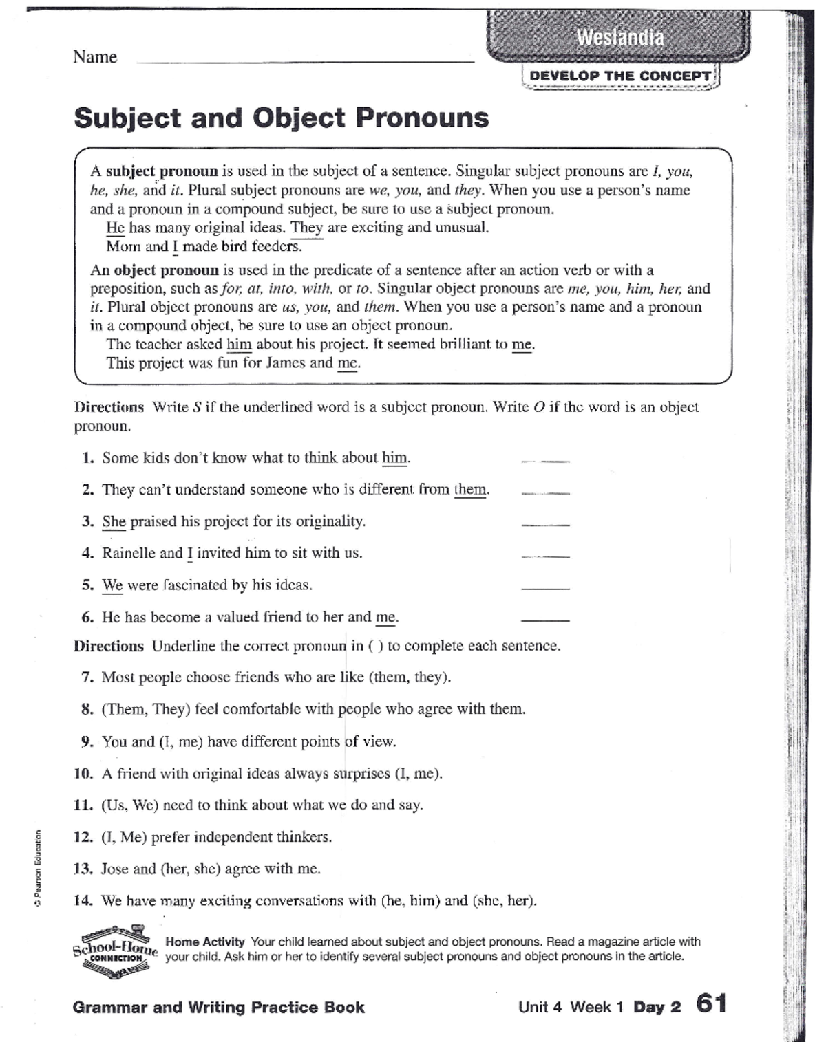 Weslandia grammar and writing practice pages 61-64 - Subject and Object ...