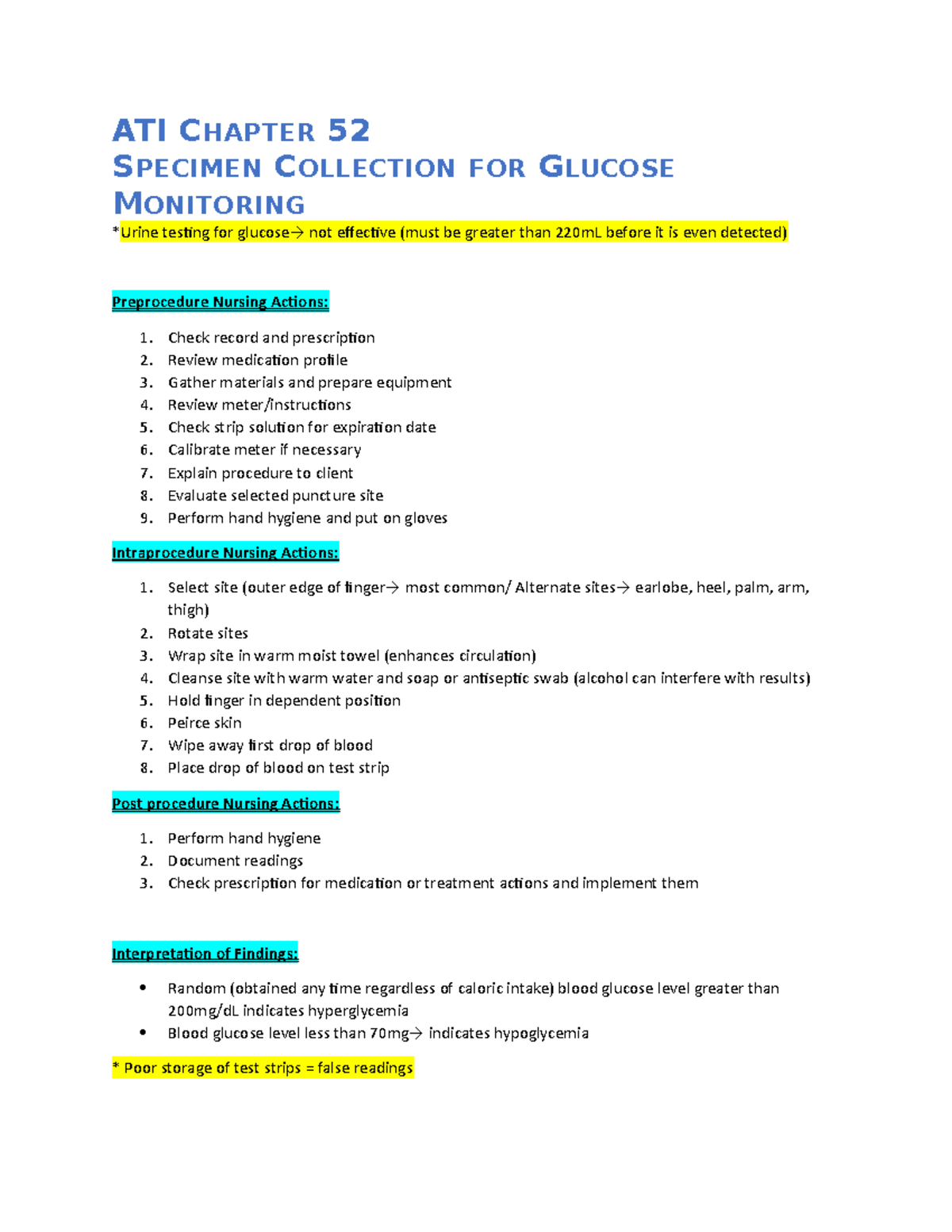 ATI Chapter 52 Notes ATI CHAPTER 52 SPECIMEN COLLECTION FOR GLUCOSE