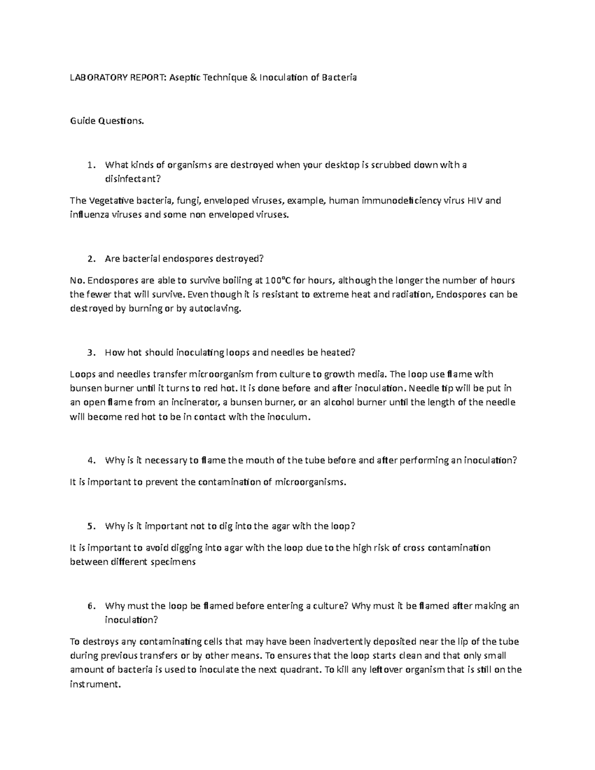 Bacteriology Activity LABORATORY REPORT Aseptic Technique