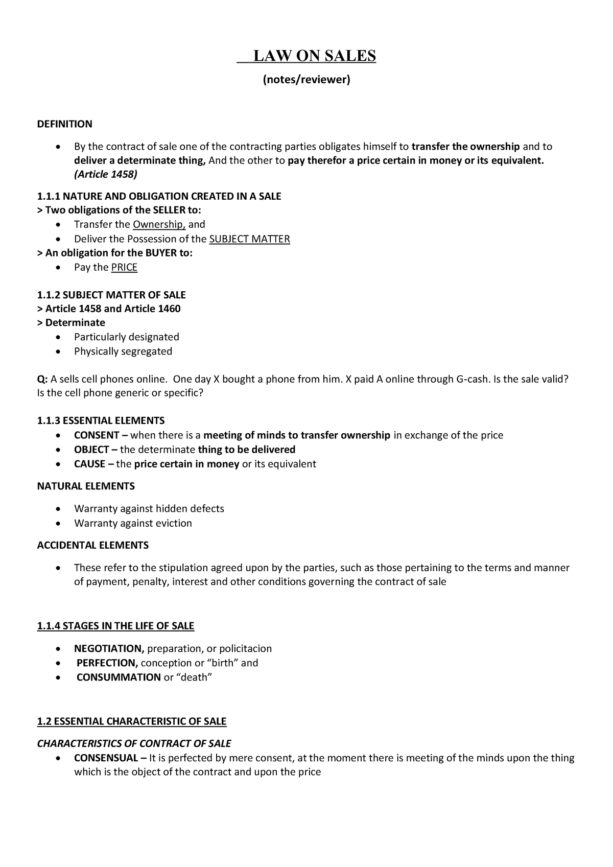 Document-3 - Sales - LAW ON SALES (notes/reviewer) DEFINITION By the ...