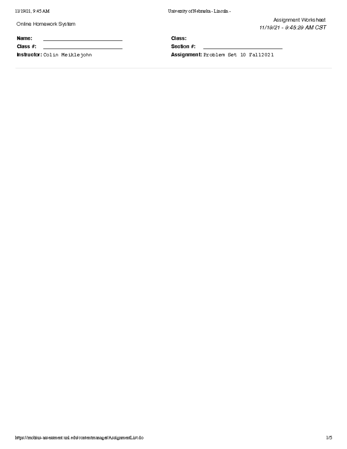 Problem set 10 Fall2021 - Online Homework System Assignment Worksheet ...