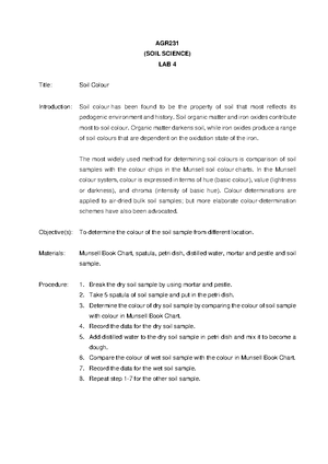 AGR231 Lab 8 Soil Water Content - AGR (SOIL SCIENCE) LAB 8 Title Soil ...