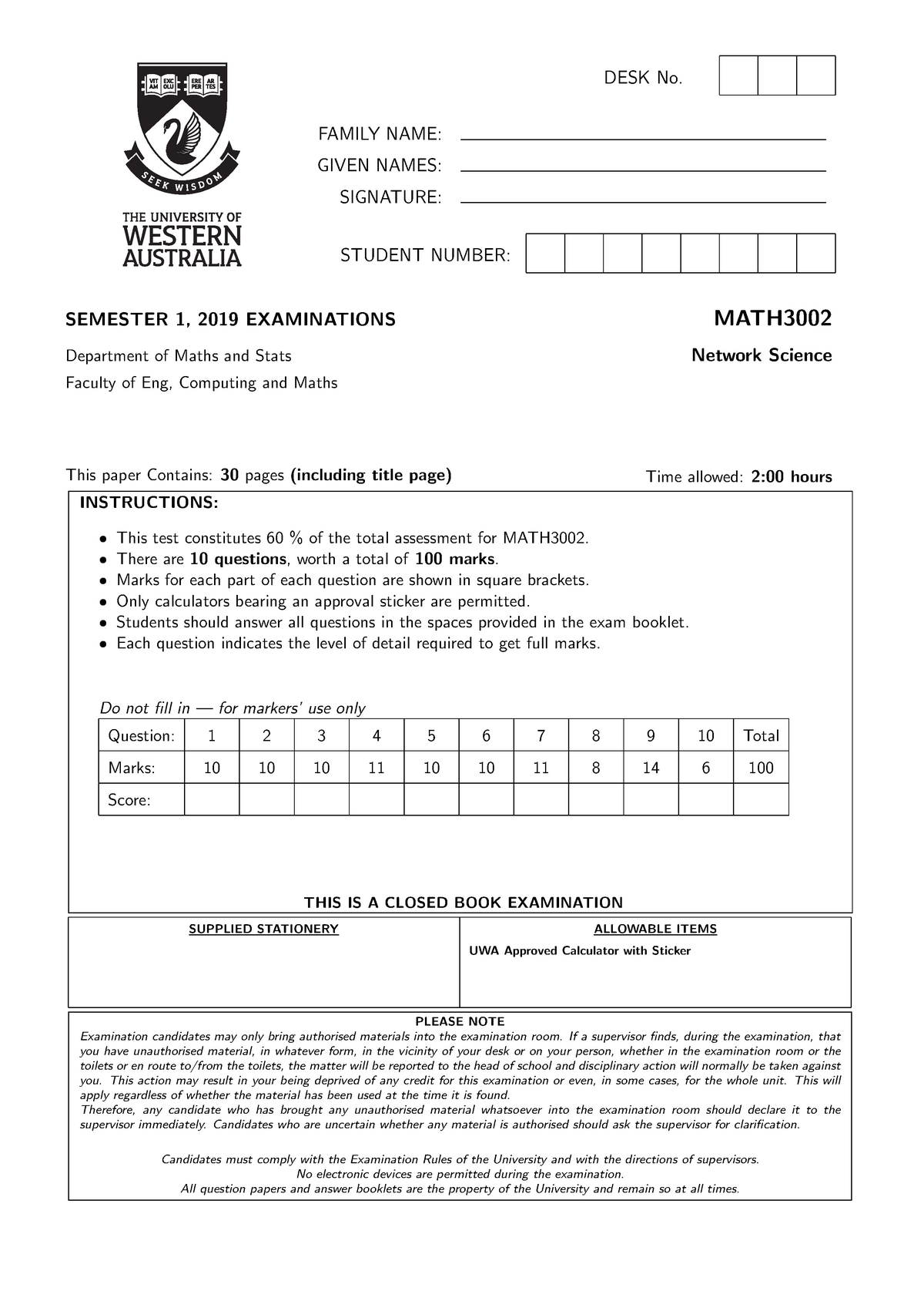 MATH3002 Exam 2019 Solutions from the other website - DESK No. FAMILY ...