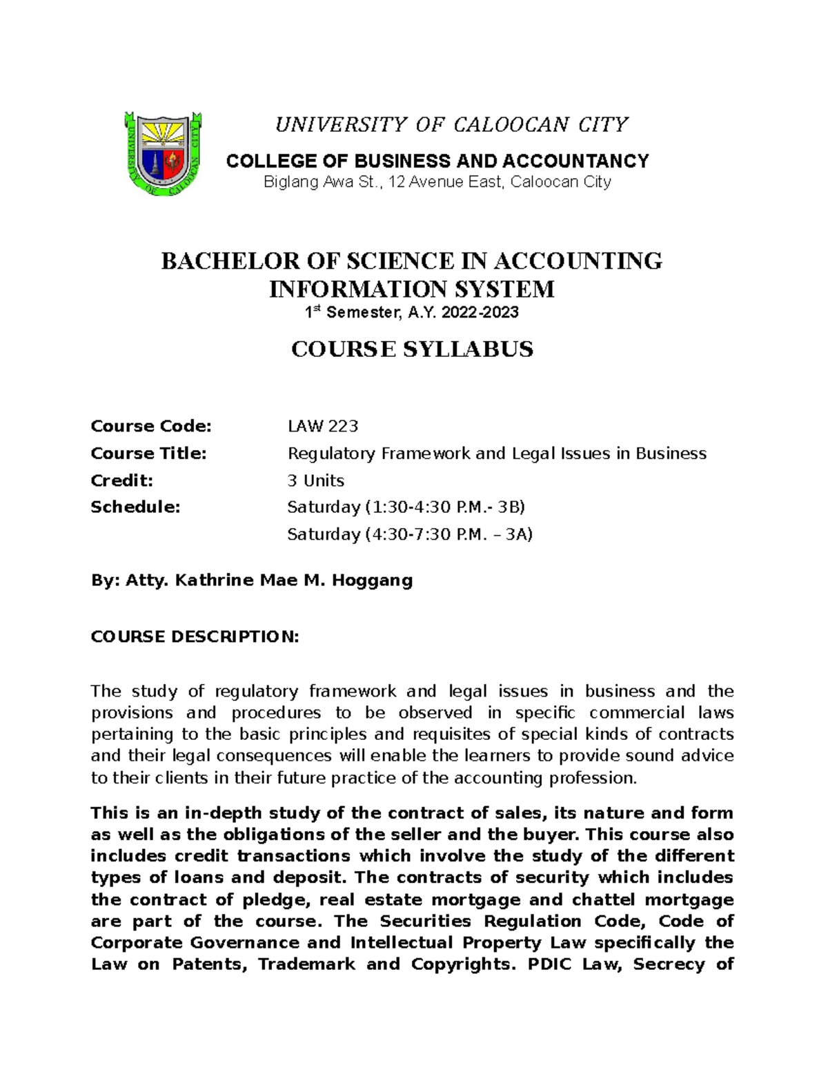 Regulatory Framework And Legal Issues In Business Course Syllabus ...