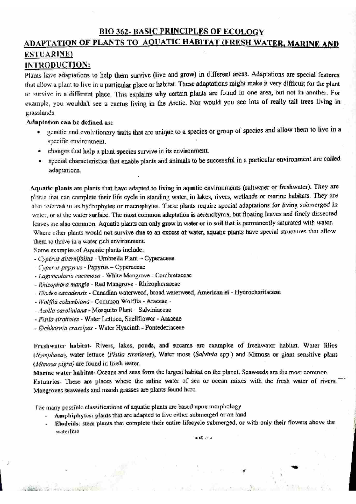 BIO 362 Adaptation of Plants to Aquatic Habitats Biology Studocu