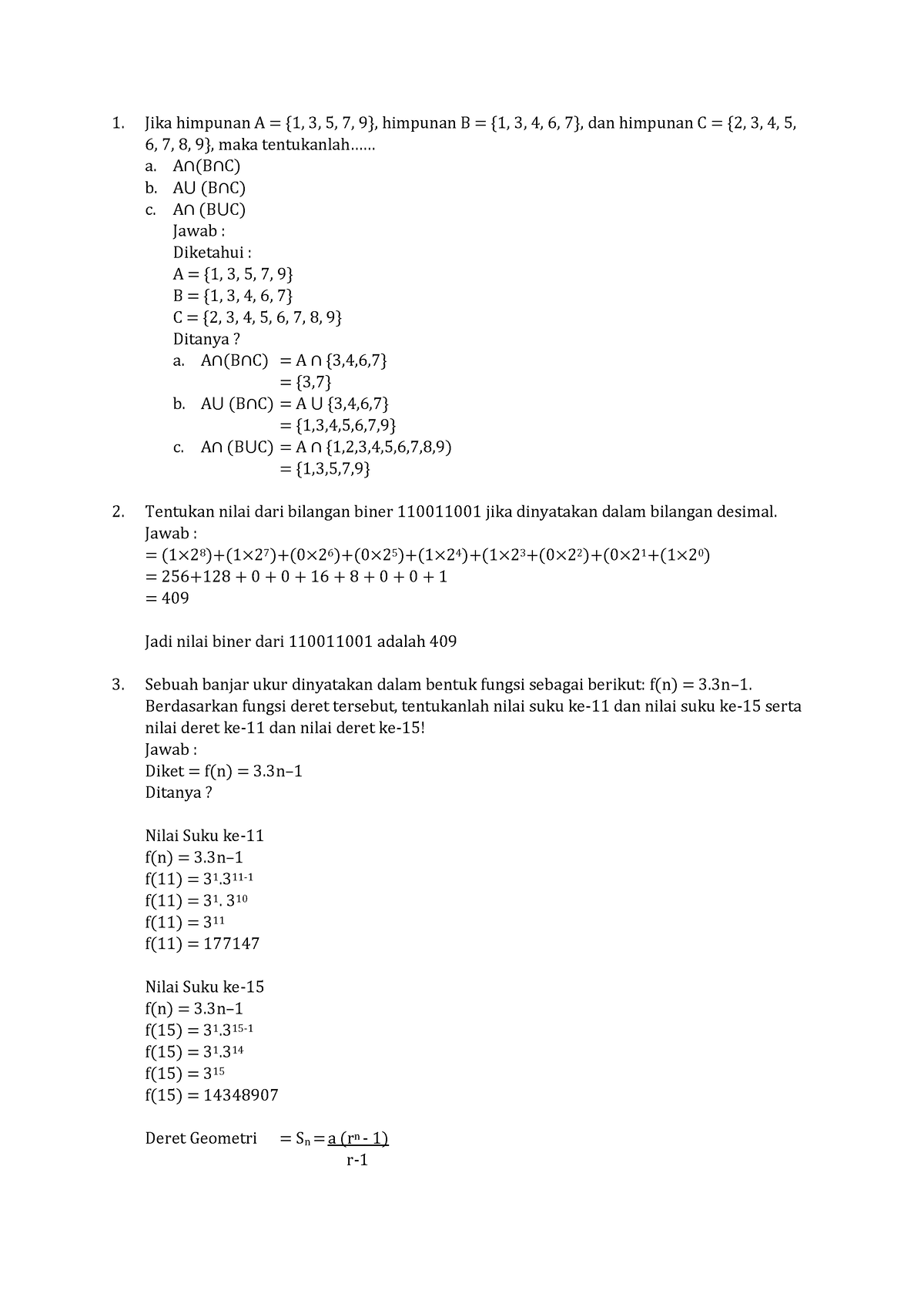 Tugas 1 - Matematika Ekonomi - Jika Himpunan A = {1, 3, 5, 7, 9 ...